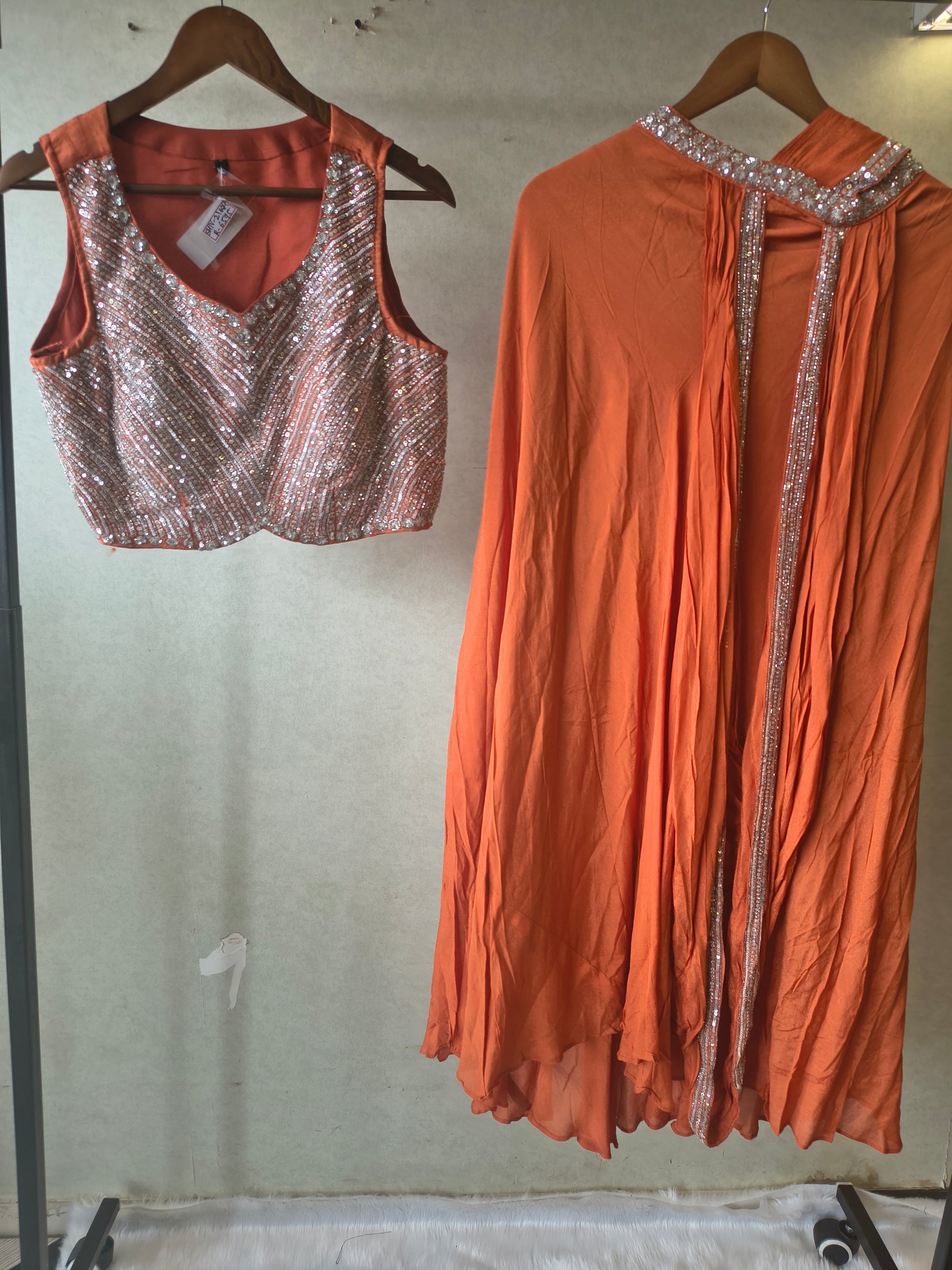 Burnt Orange Embellished Designer Blouse with Drape Palazzo & Cape – 3 Piece Indo-Western Party Wear Set