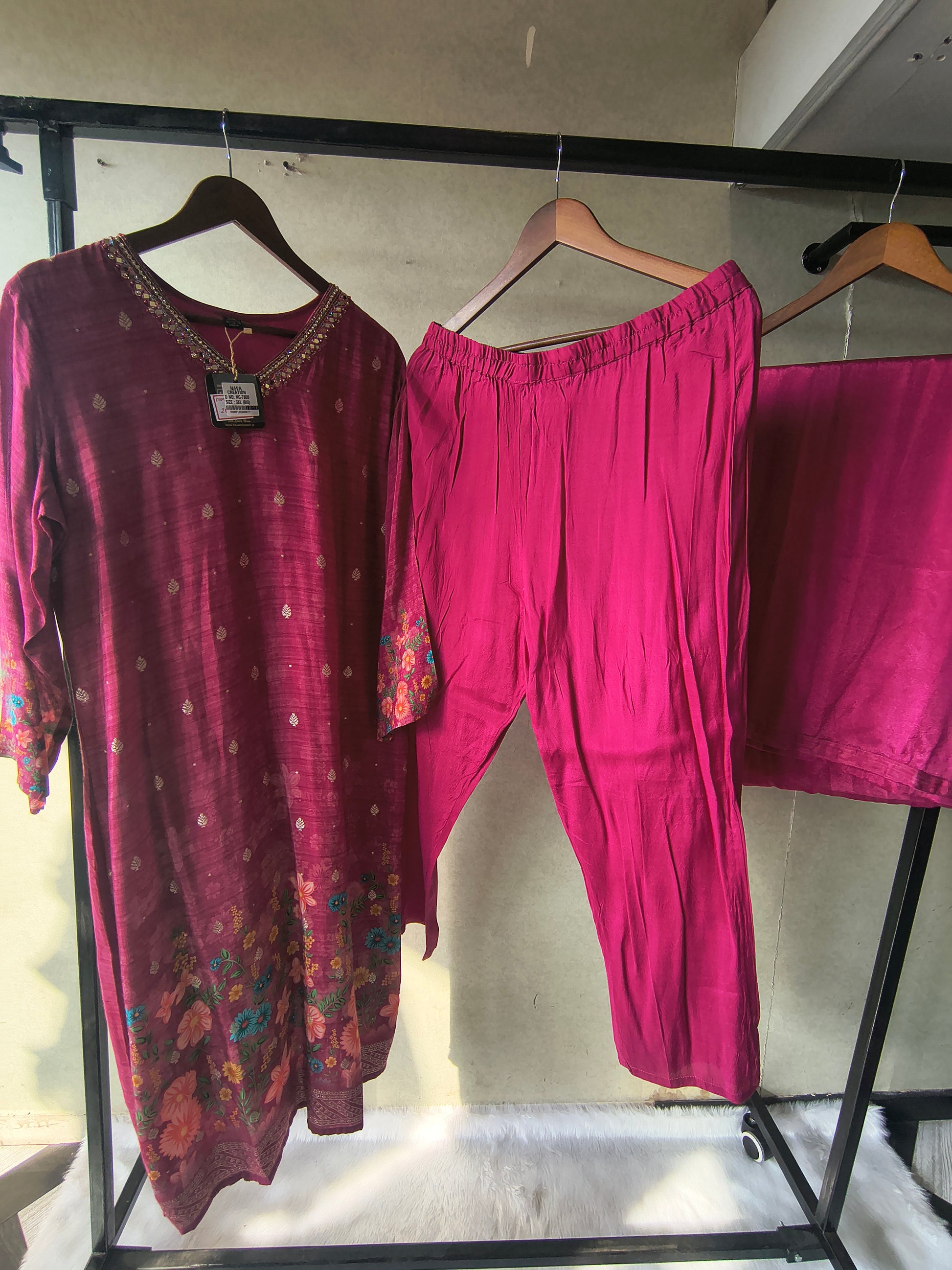 Premium Magenta Floral Printed Kurta Set with Solid Pants & Dupatta