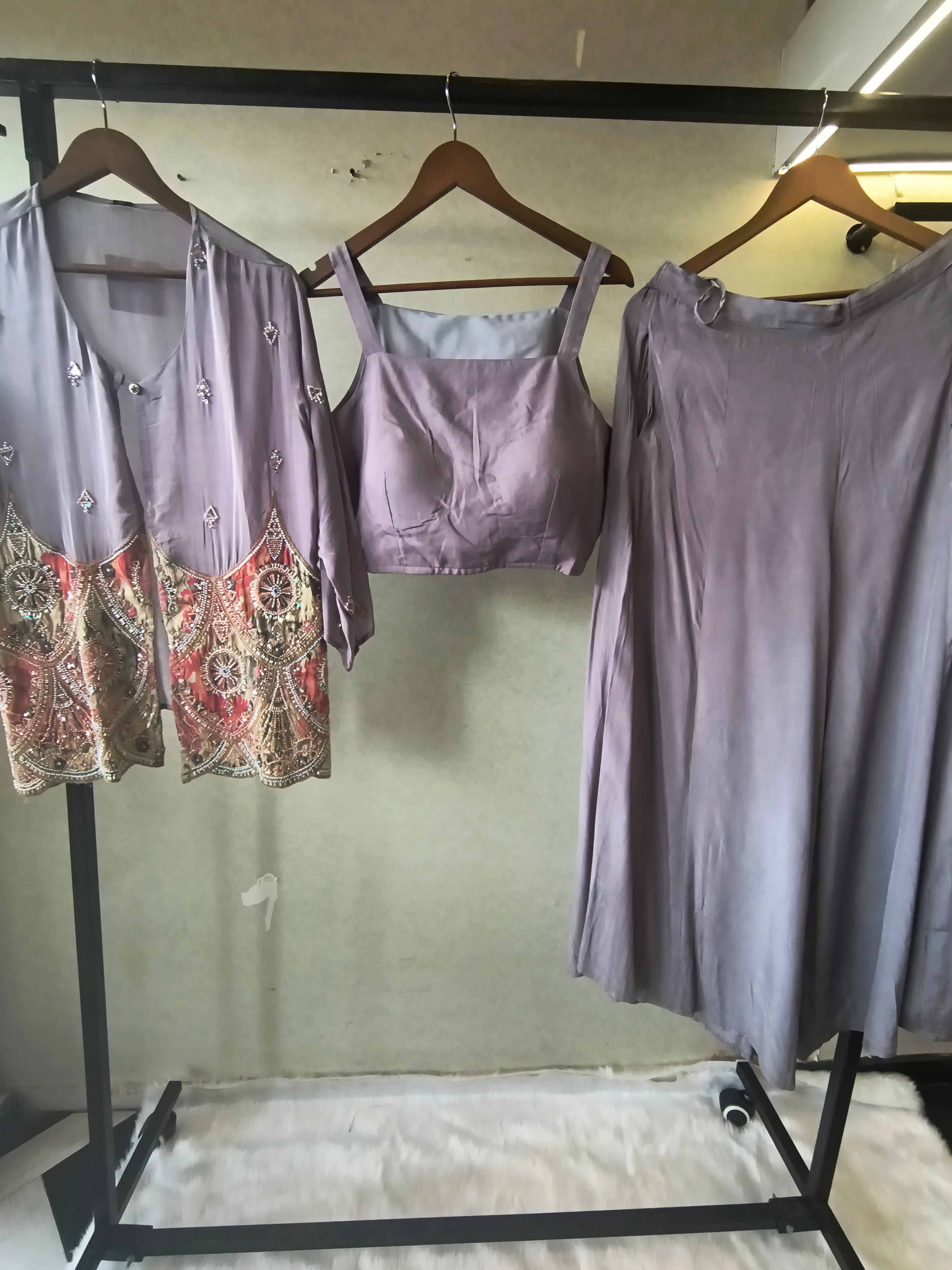Image of Dusty Mauve Tissue Silk Embroidered Peplum Jacket with Bustier & Flared Palazzo – 3 Piece Designer Indo-Western Set