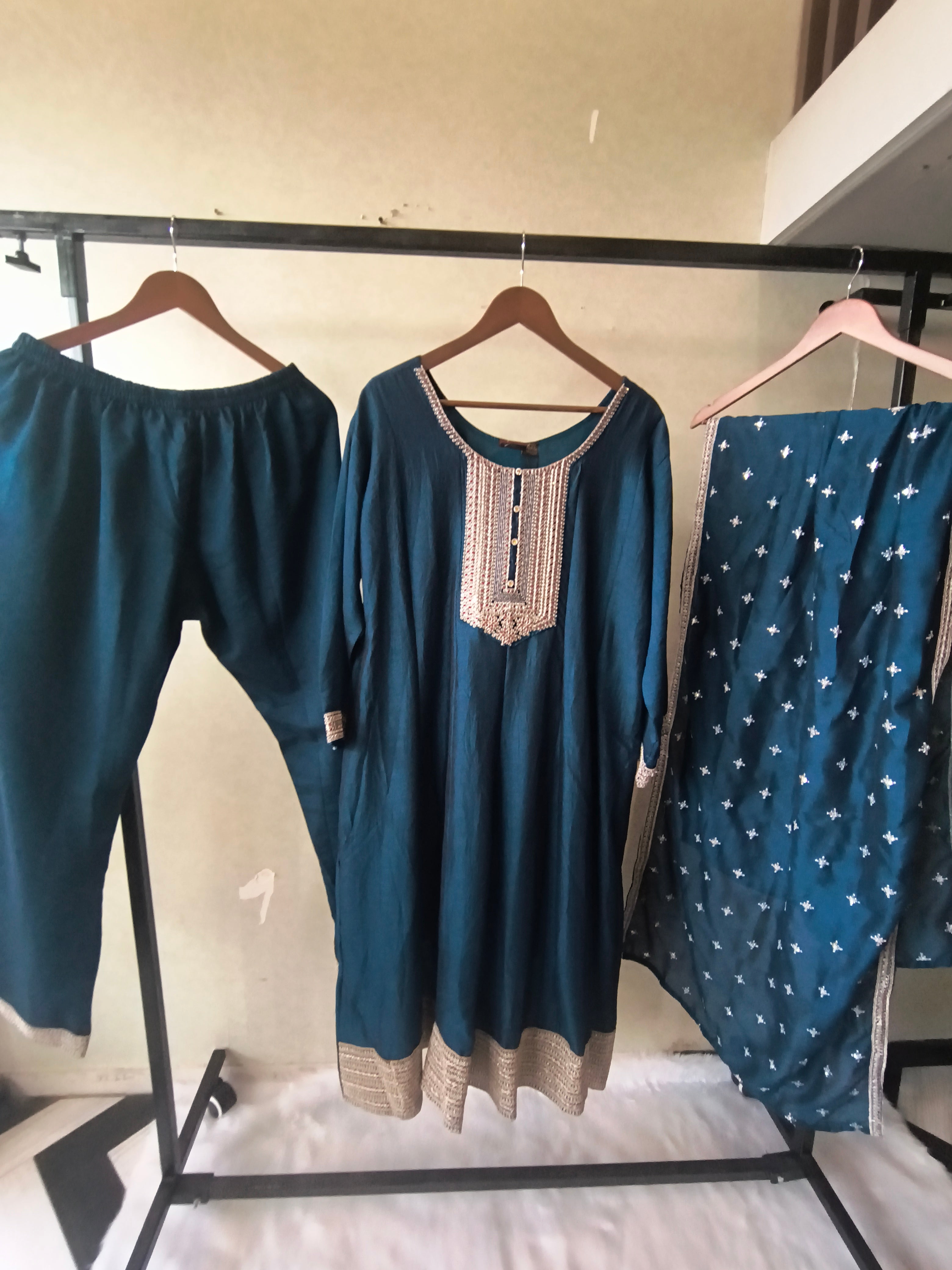 Image of Premium Teal Blue Embroidered Kurta Set with Dupatta