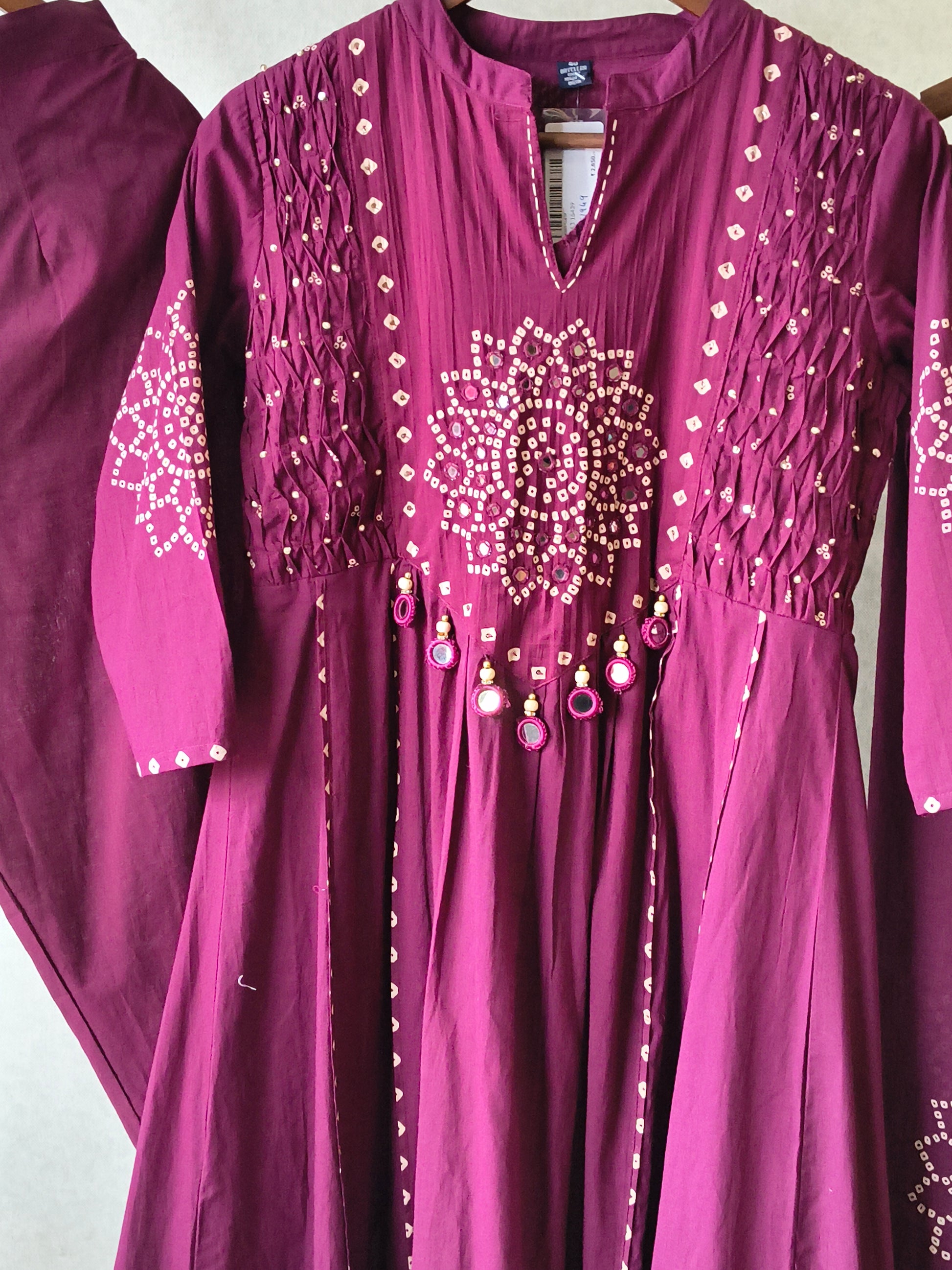 Wine Cotton Anarkali Suit Set with Bandhani Print & Mirror Accent Dupatta
