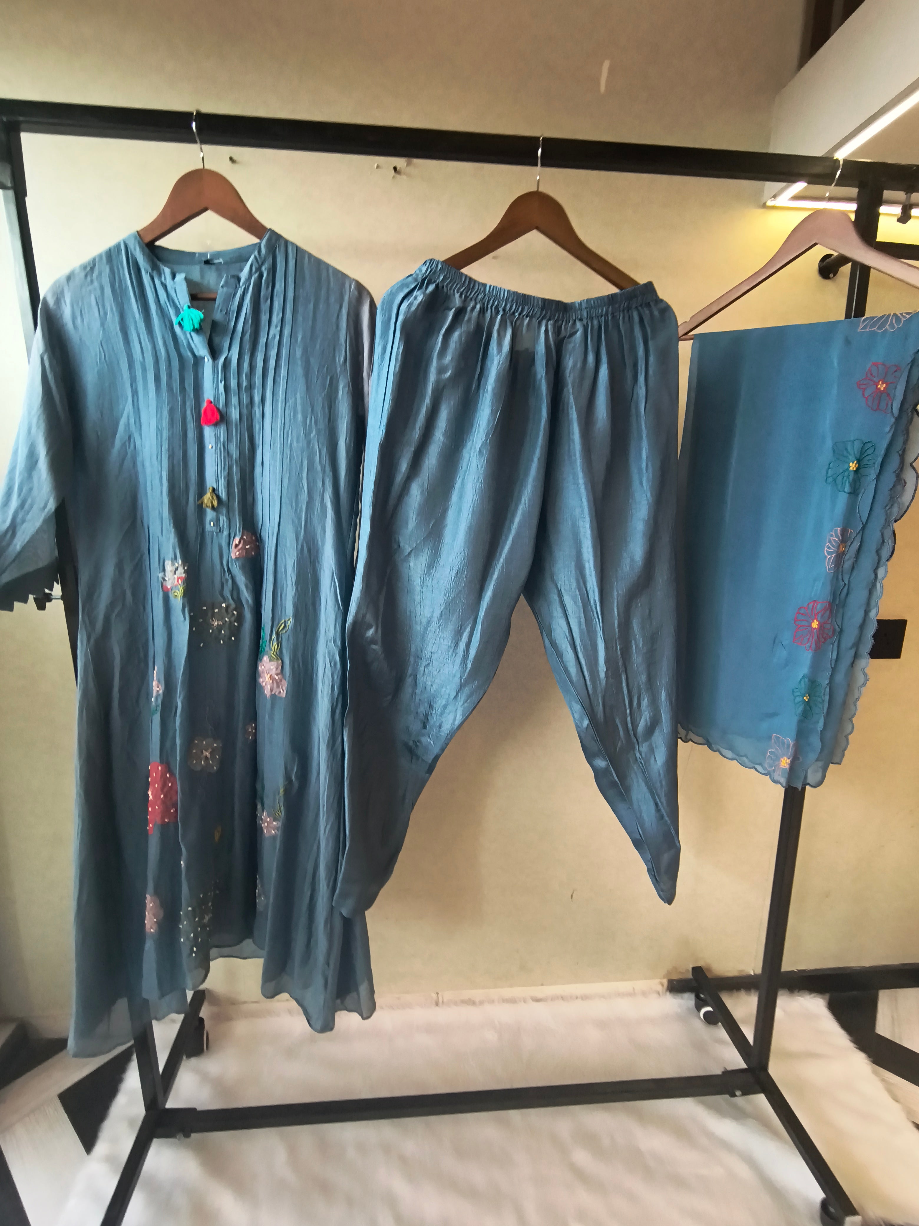 Image of Premium Steel Blue Embroidered Straight Kurta with Dhoti Pants & Embroidered Organza Dupatta Set