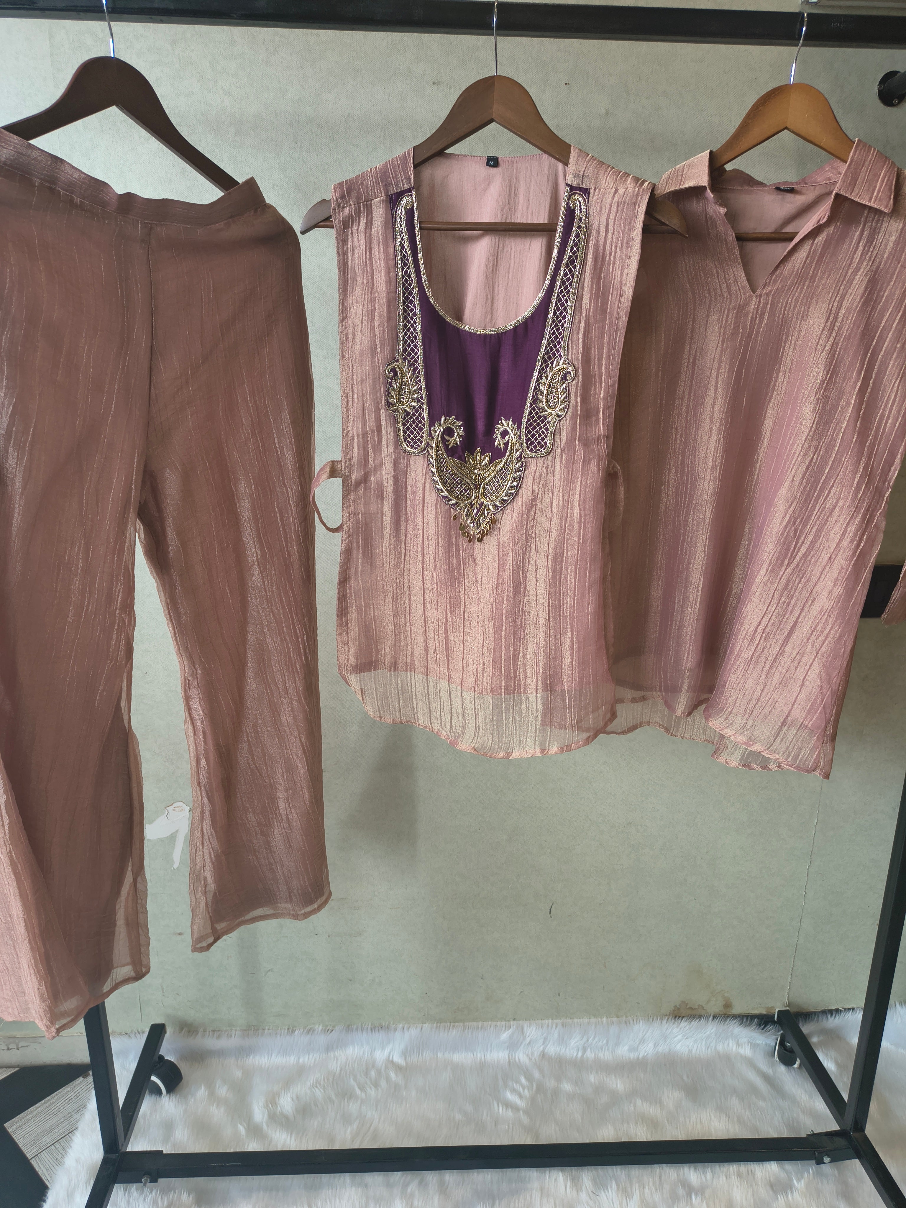 Image of Premium Champagne Tissue Silk Embroidered Kurta with Hand Embellished Statement Yoke (Copy)