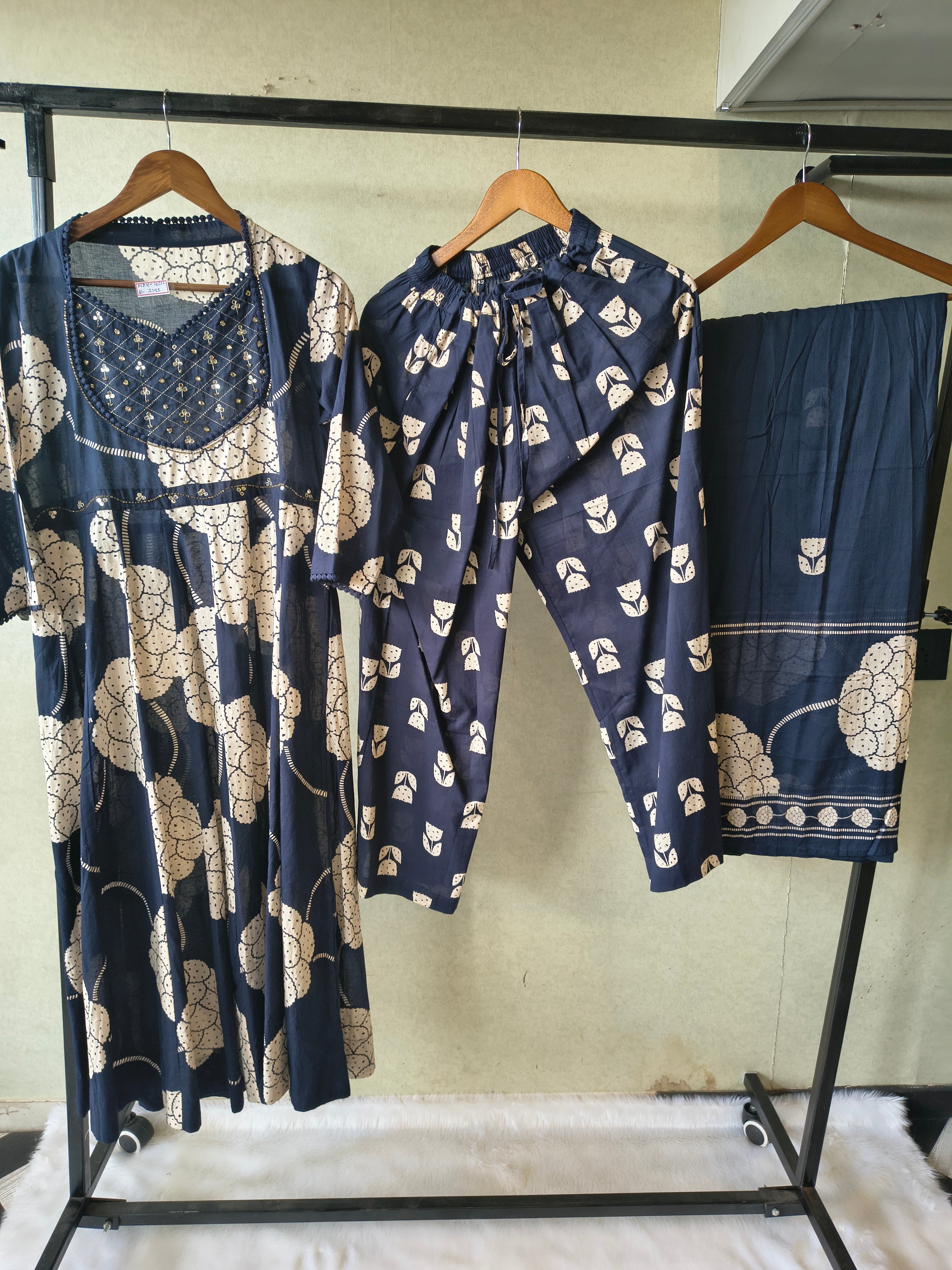 Image of Premium Navy Blue Handblock Printed Cotton Anarkali Suit Set with Printed Pants & Dupatta