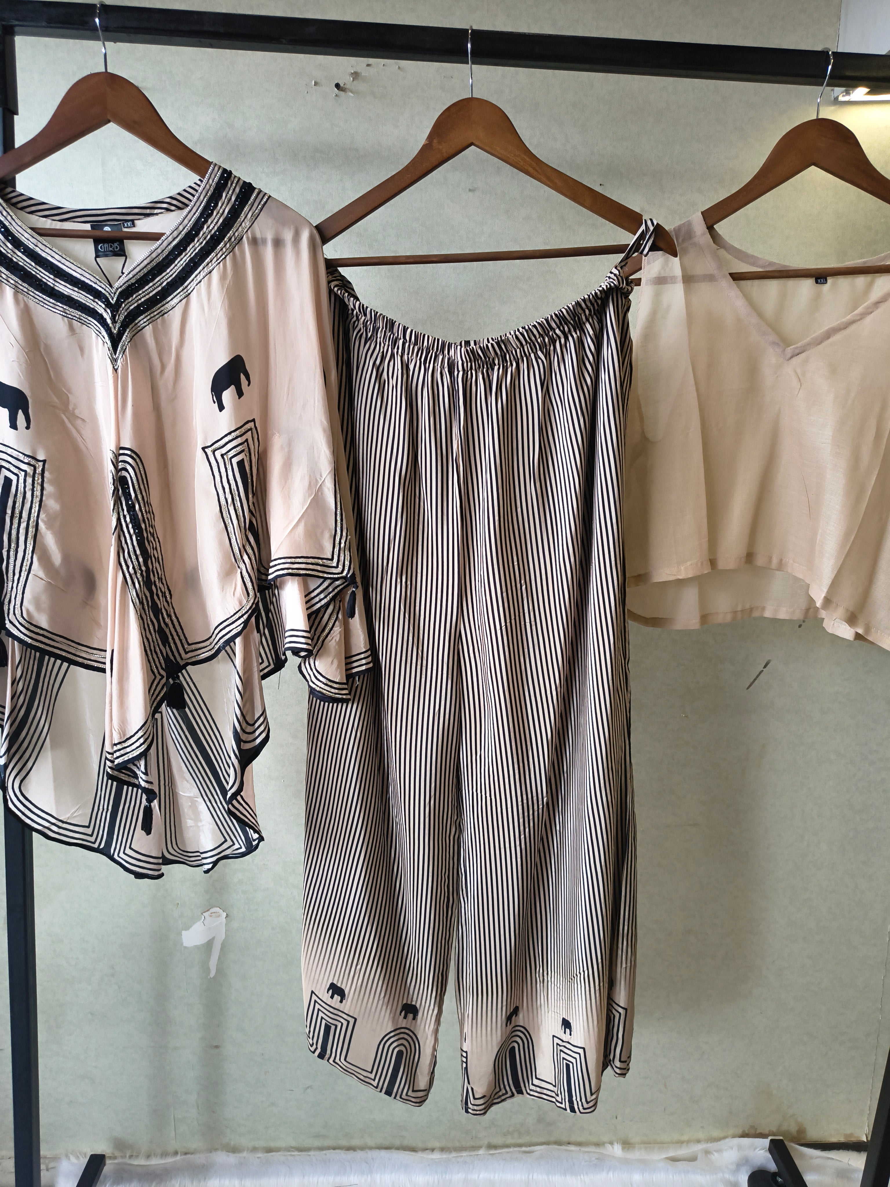 Image of Ivory & Black Printed Kaftan Co-ord Set with Striped Palazzo and Solid Inner Top – 3 Piece Indo-Western Ensemble