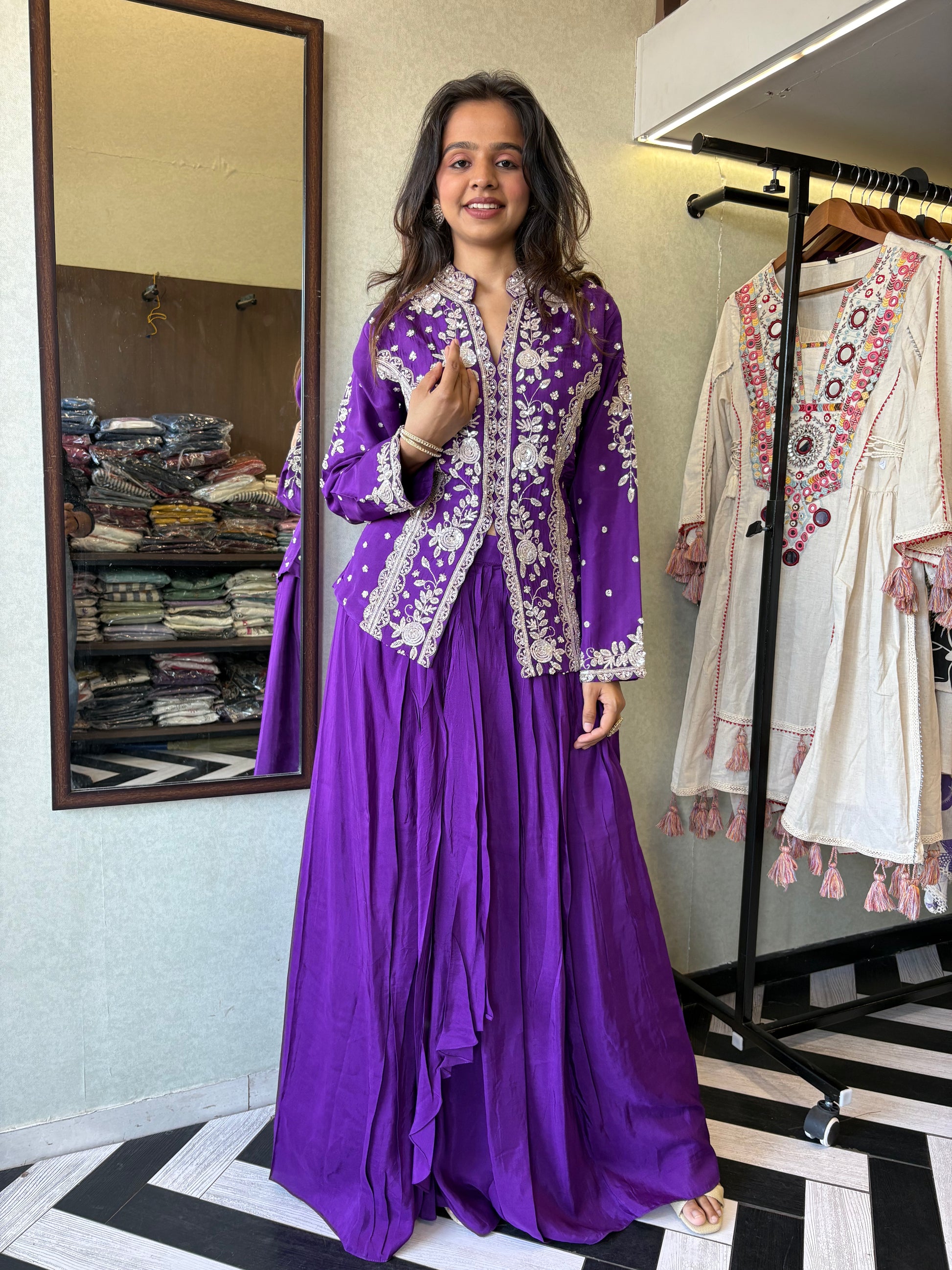 Be the showstopper in this premium pure silk Indo-Western 3-piece set