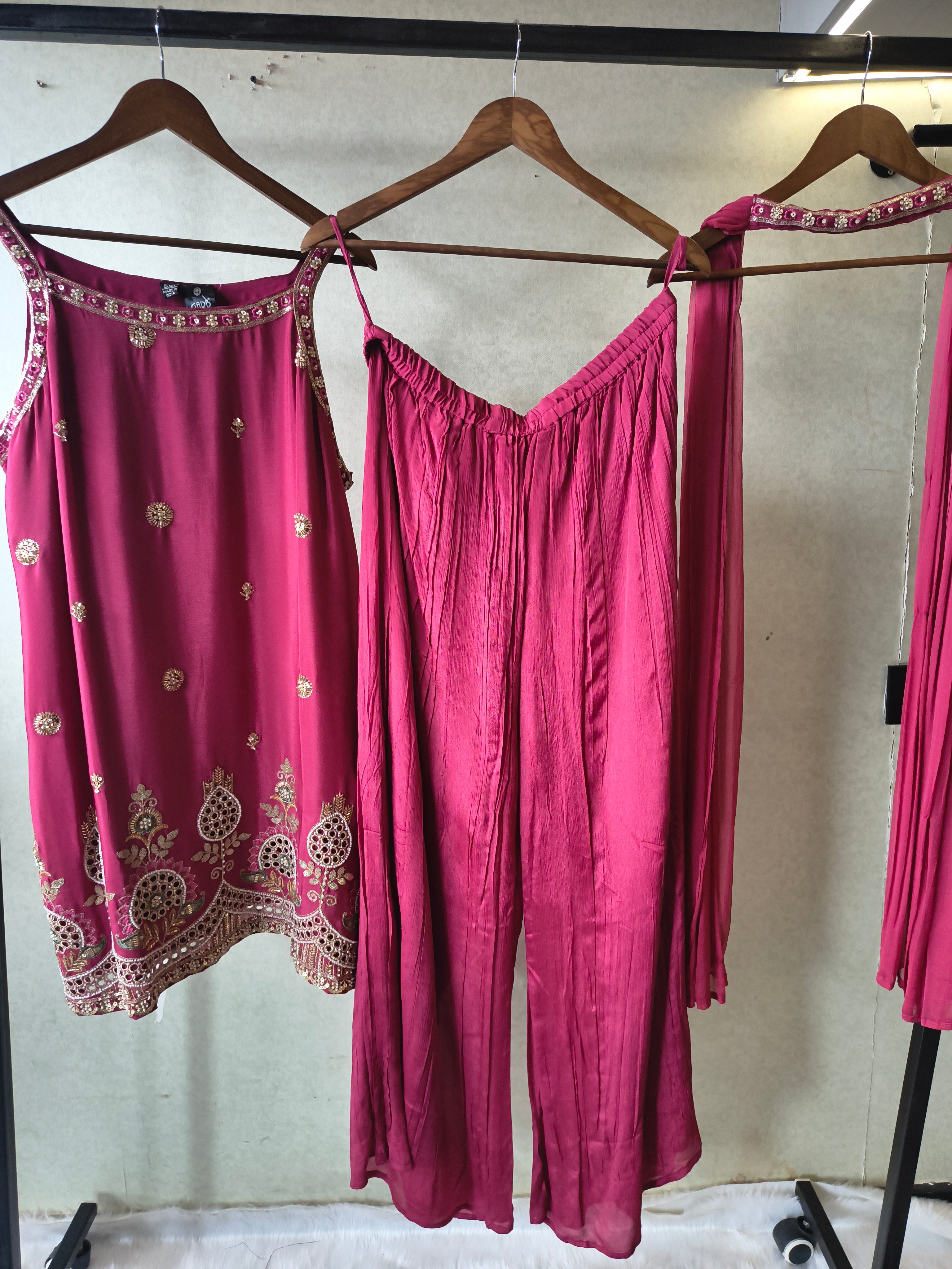 Image of Rani Pink Hand Embroidered Kurta Set with Designer Palazzo & Embellished Dupatta – Premium 3 Piece Festive Ensemble