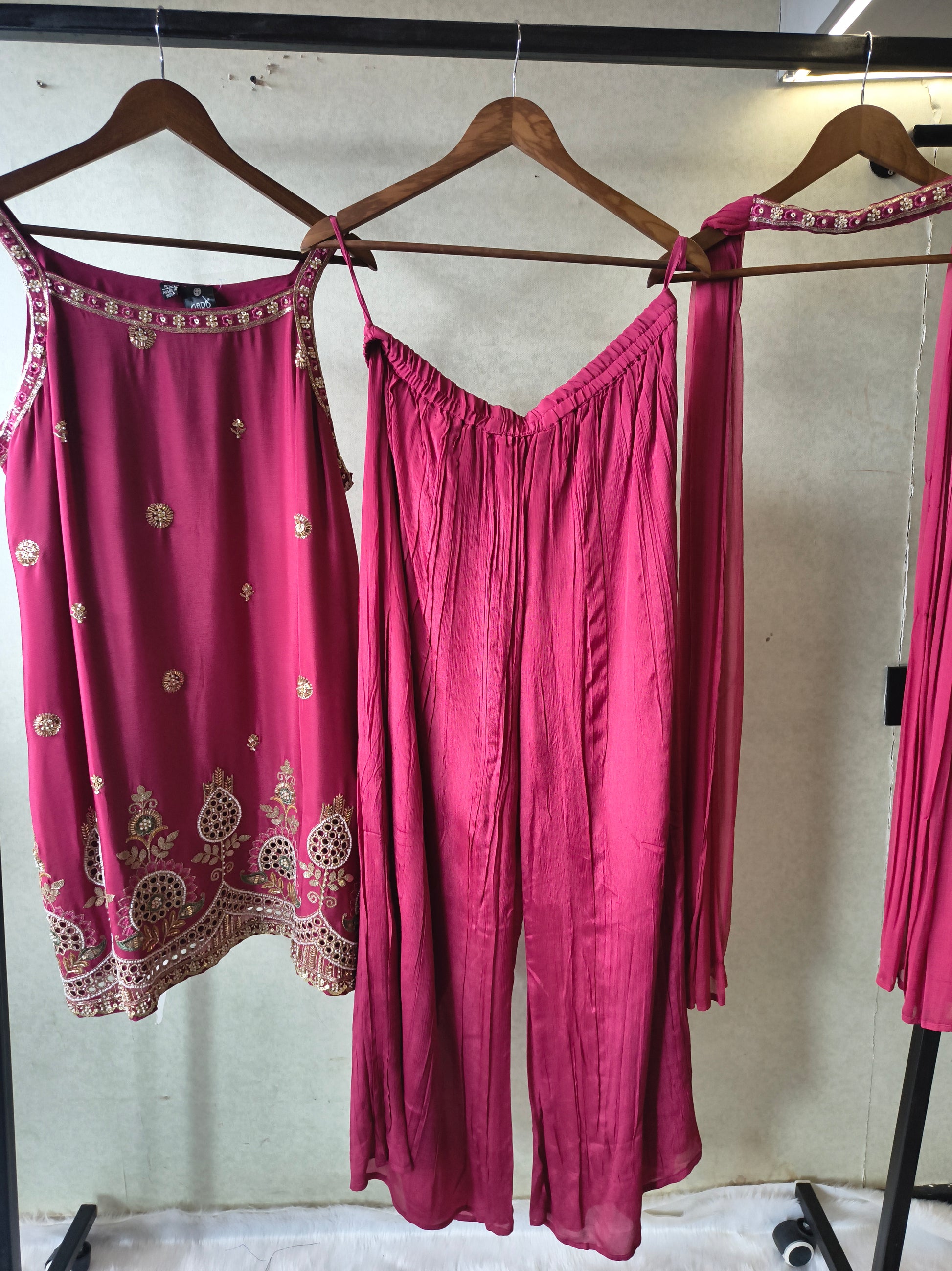 Rani Pink Hand Embroidered Kurta Set with Designer Palazzo & Embellished Dupatta – Premium 3 Piece Festive Ensemble