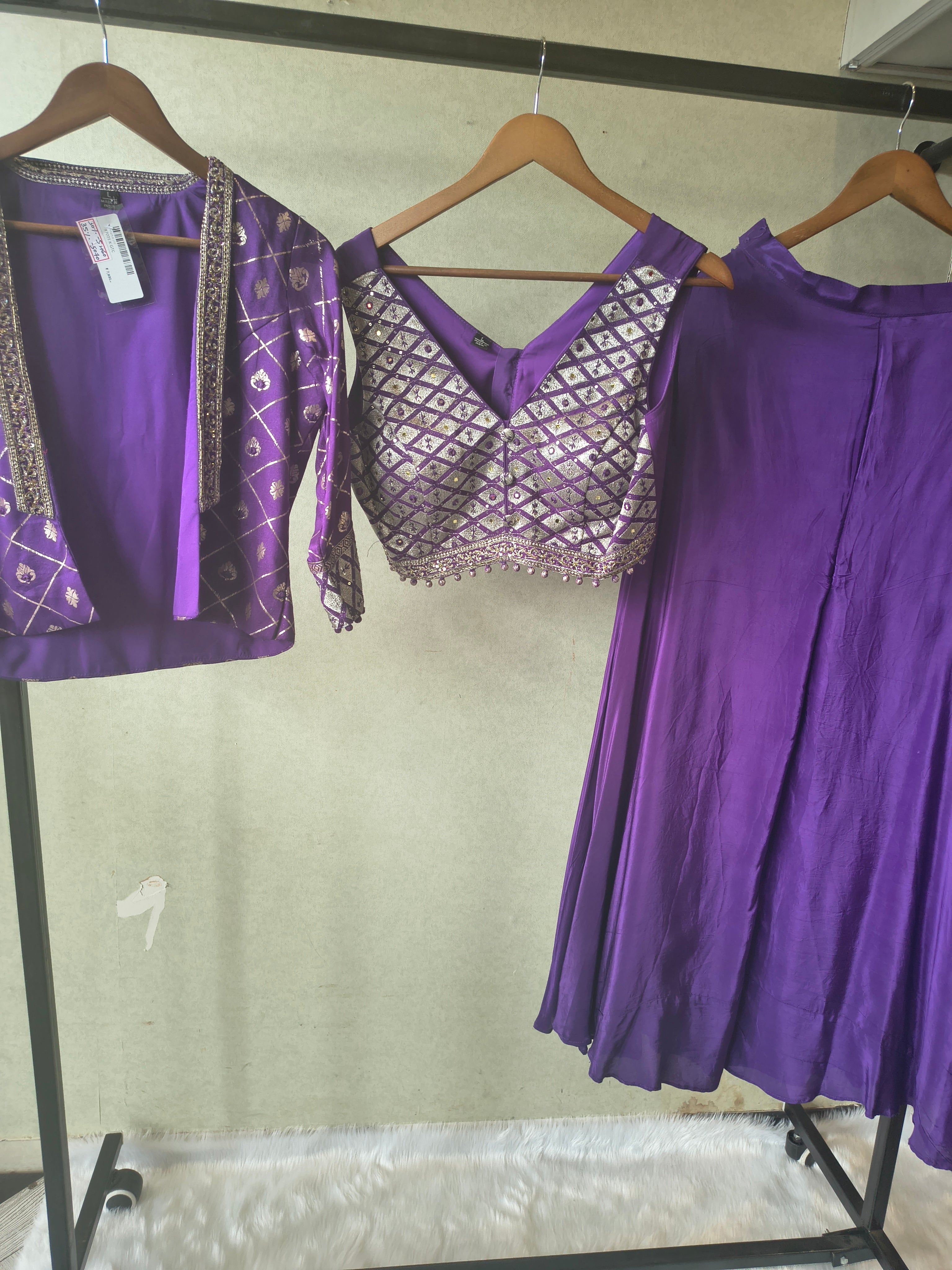 Image of Royal Purple Mirror Embellished Blouse with Printed Jacket & Flared Palazzo – 3 Piece Designer Indo-Western Set