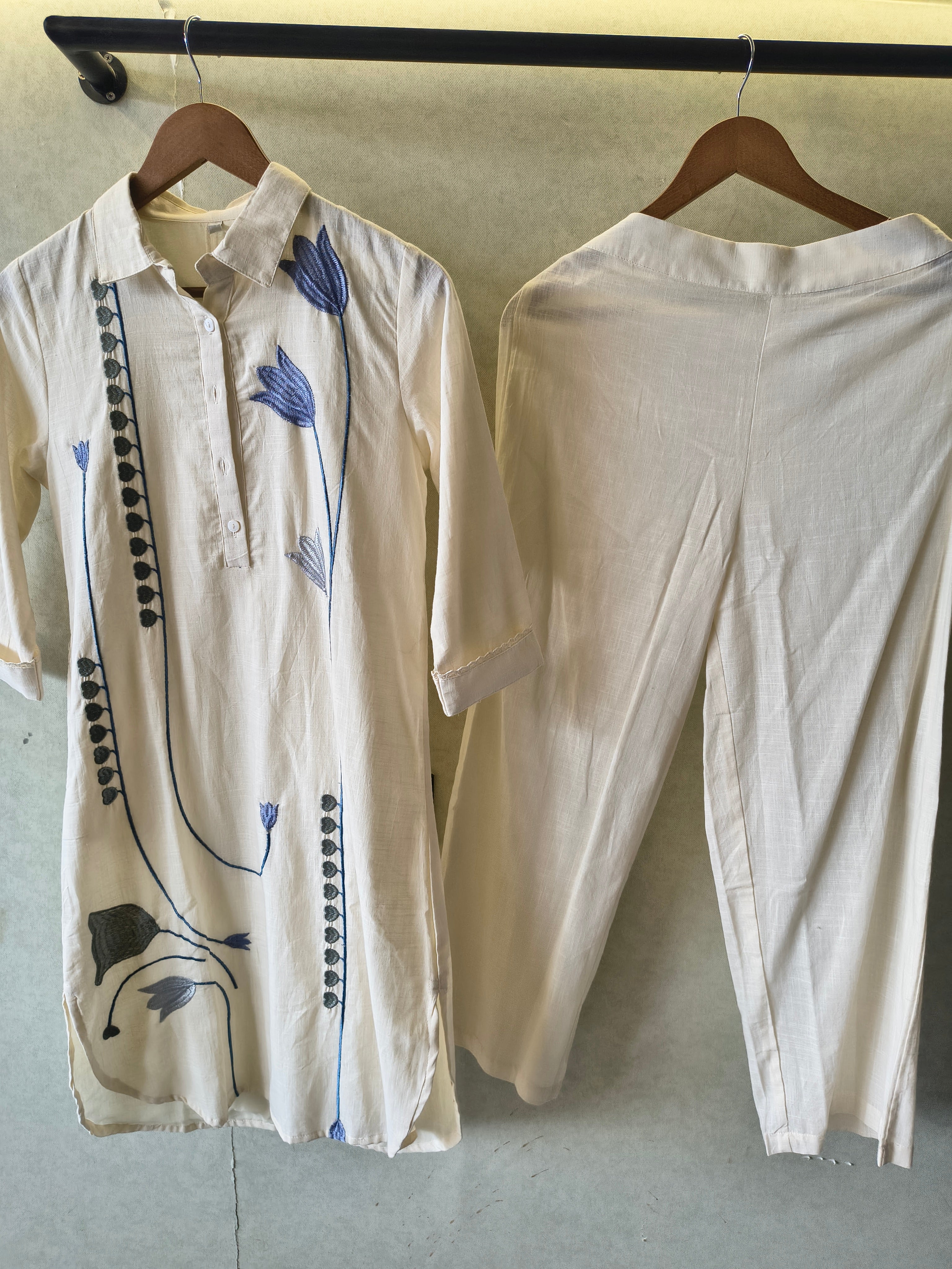 Image of Ivory Botanical Embroidered Cotton Co-Ord Set