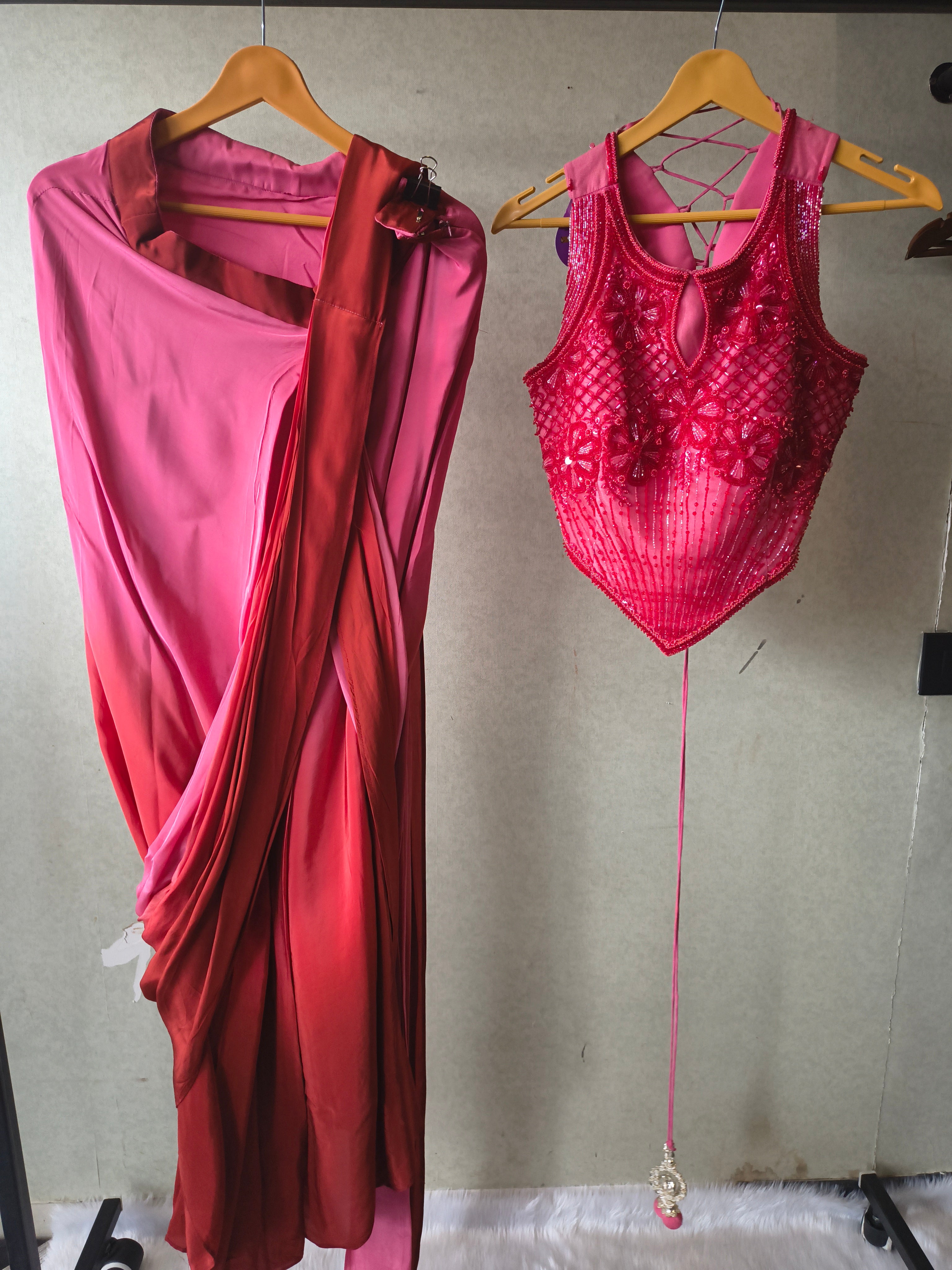 Image of Premium Ombre Pink Pre-Draped Designer Saree with Heavy Hand Embroidered Corset Blouse