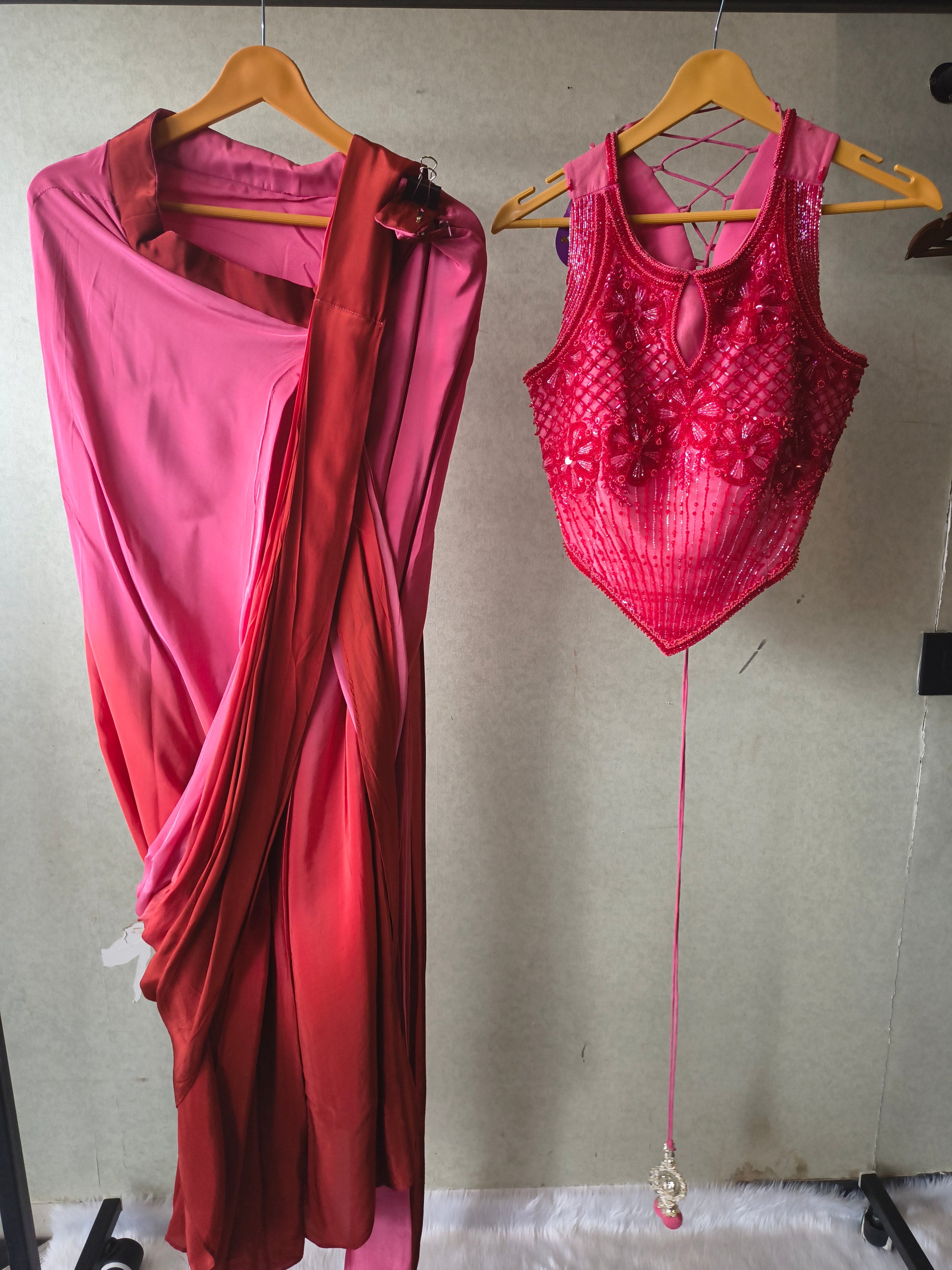 Premium Ombre Pink Pre-Draped Designer Saree with Heavy Hand Embroidered Corset Blouse