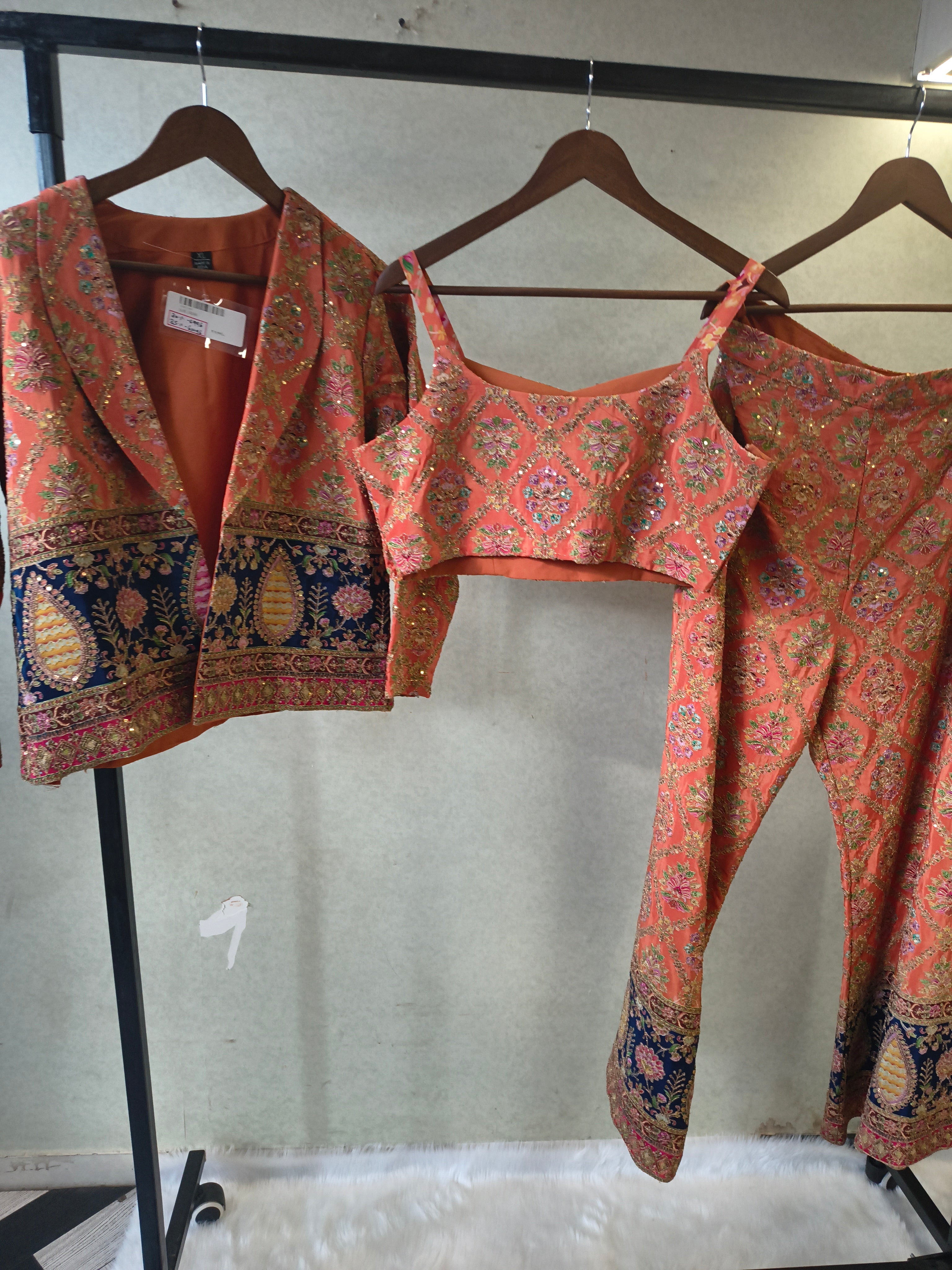 Image of Luxury Coral Brocade Bralette with Embroidered Jacket & Designer Brocade Pants – 3 Piece Indo-Western Co-Ord Set