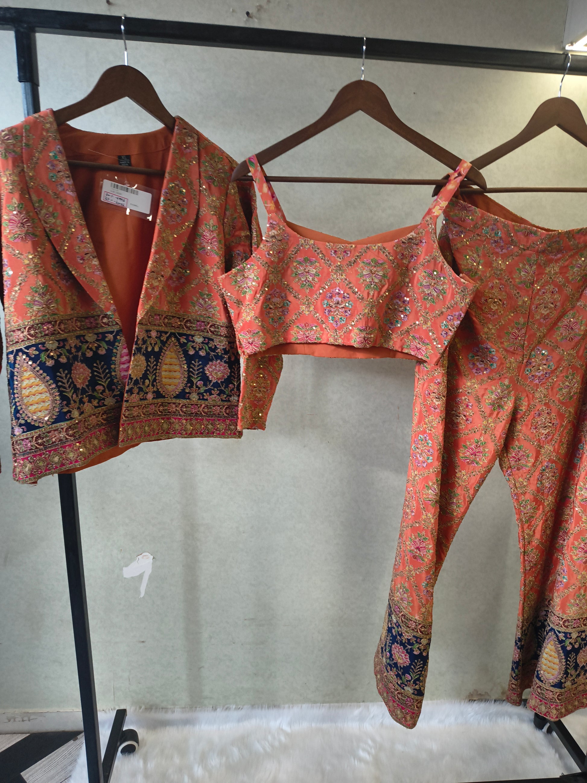 Luxury Coral Brocade Bralette with Embroidered Jacket & Designer Brocade Pants – 3 Piece Indo-Western Co-Ord Set