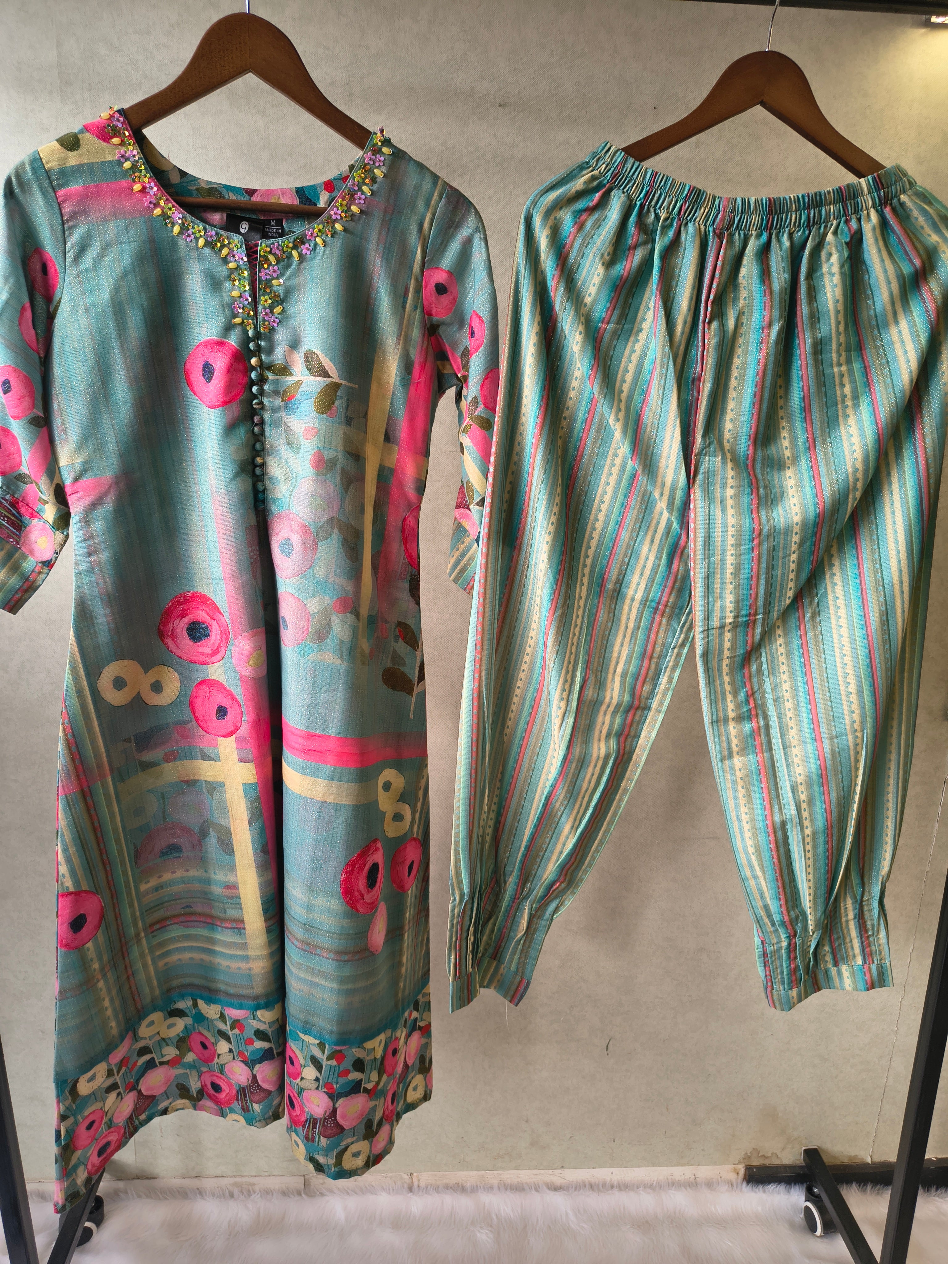 Image of Premium Aqua Blue Artistic Printed Kurta with Striped Pants Co-Ord Set