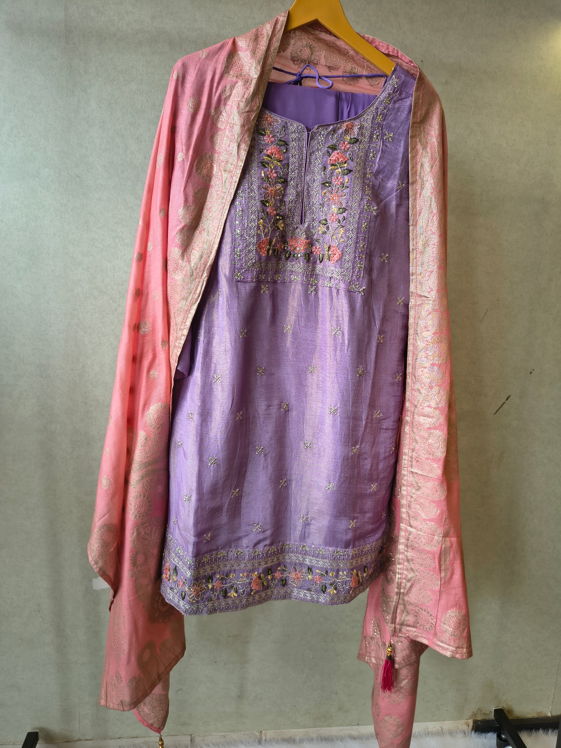 Premium Lavender Embroidered Kurta with Sharara & Banarasi Dupatta Set