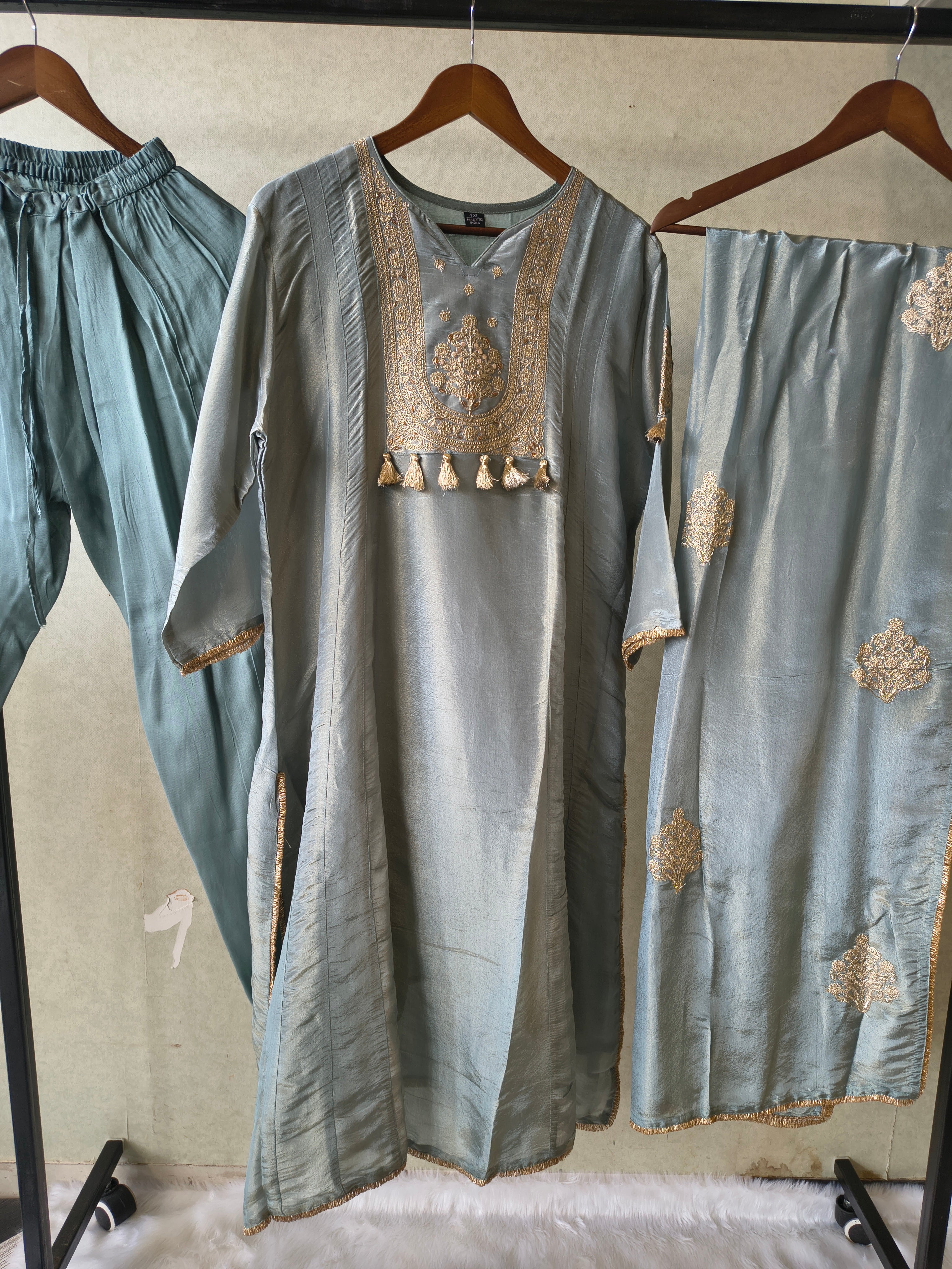 Image of Premium Sage Blue Embroidered A-Line Kurta Set with Dupatta