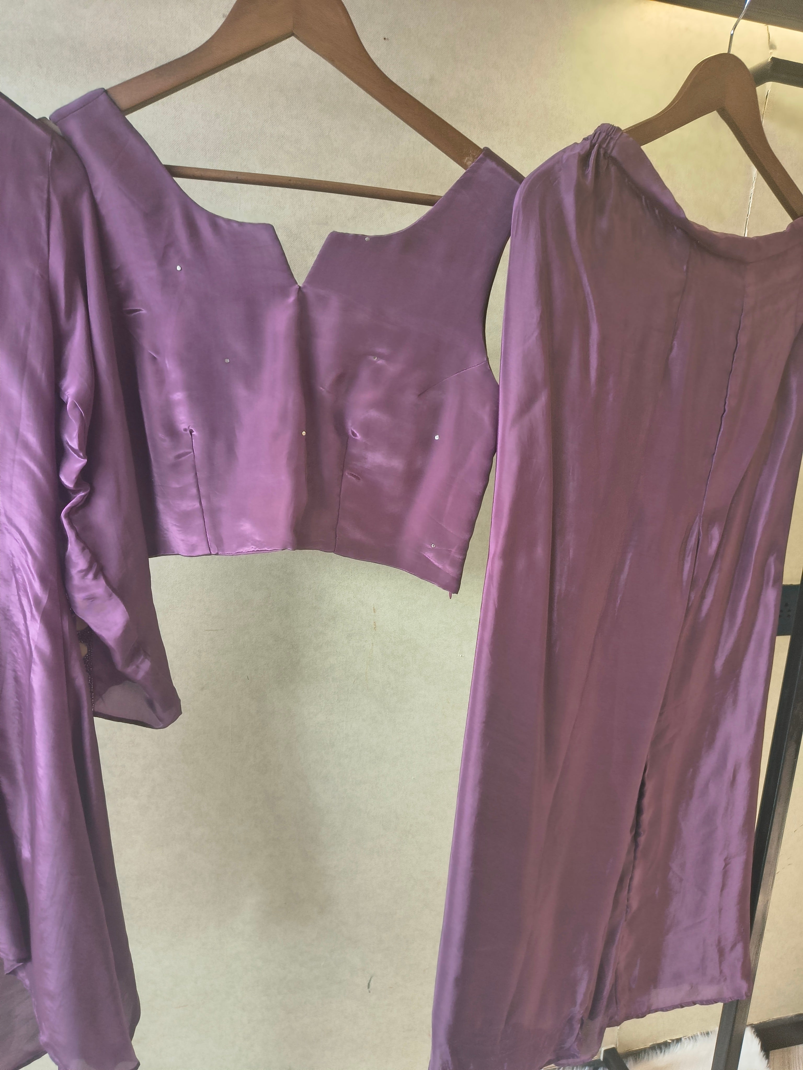 Image of Royal Plum Embellished High-Low Tunic with Sleeveless Blouse & Wide-Leg Pants – 3 Piece Designer Indo-Western Set