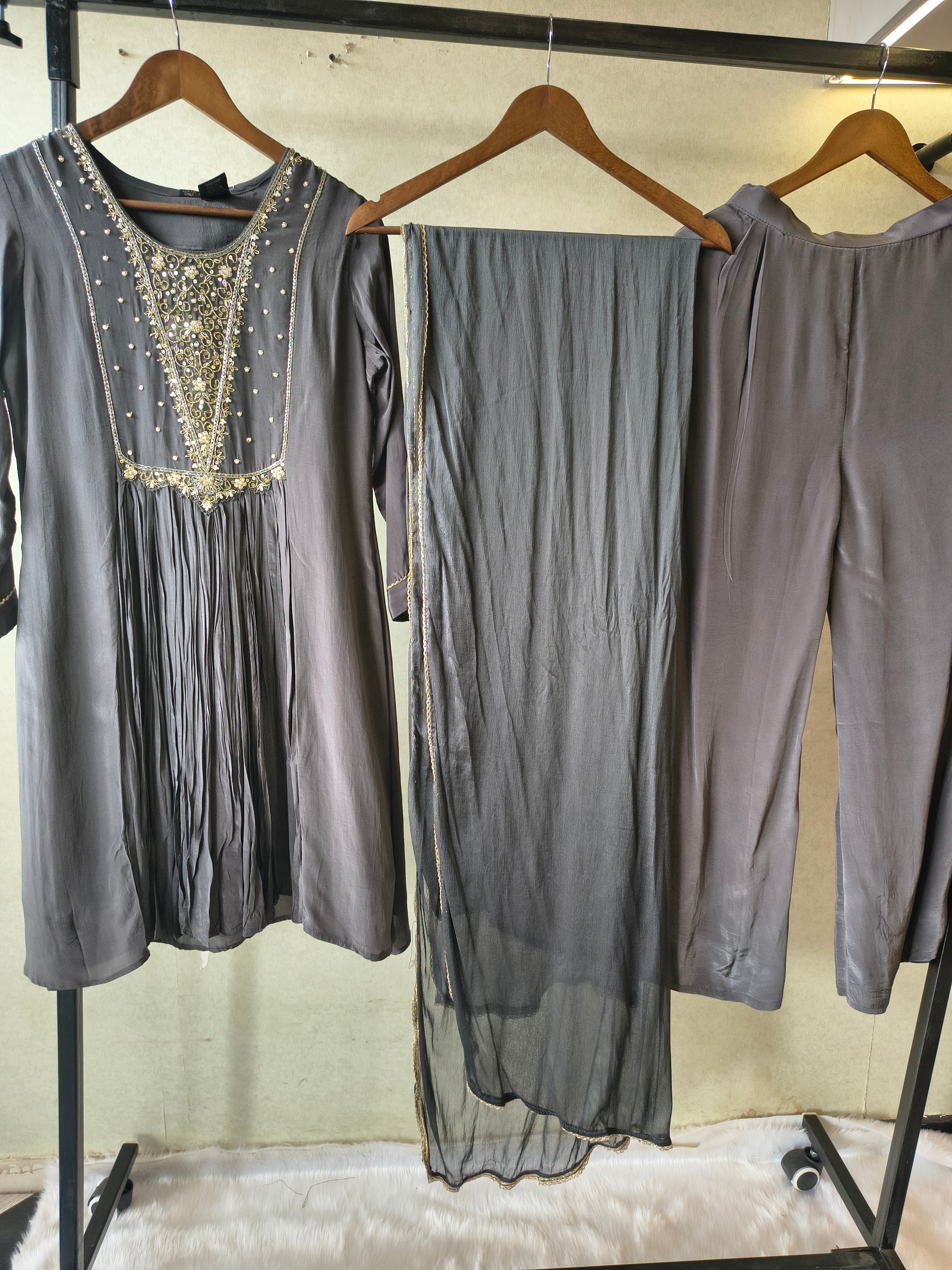 Image of Charcoal Grey Hand Embroidered Anarkali Kurta Set with Churidar Pants & Sheer Dupatta – Premium 3 Piece Festive Ensemble