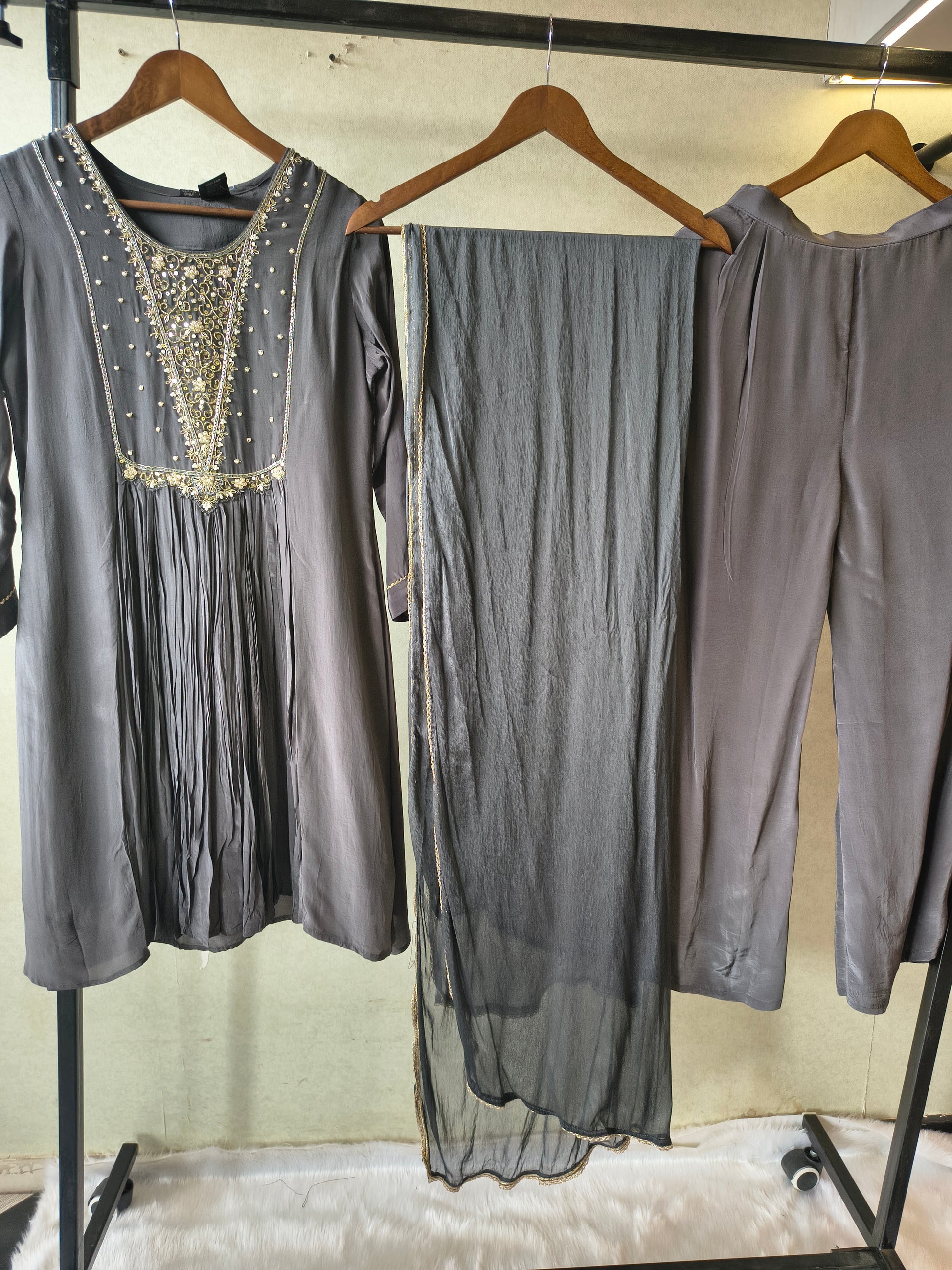 Charcoal Grey Hand Embroidered Anarkali Kurta Set with Churidar Pants & Sheer Dupatta – Premium 3 Piece Festive Ensemble
