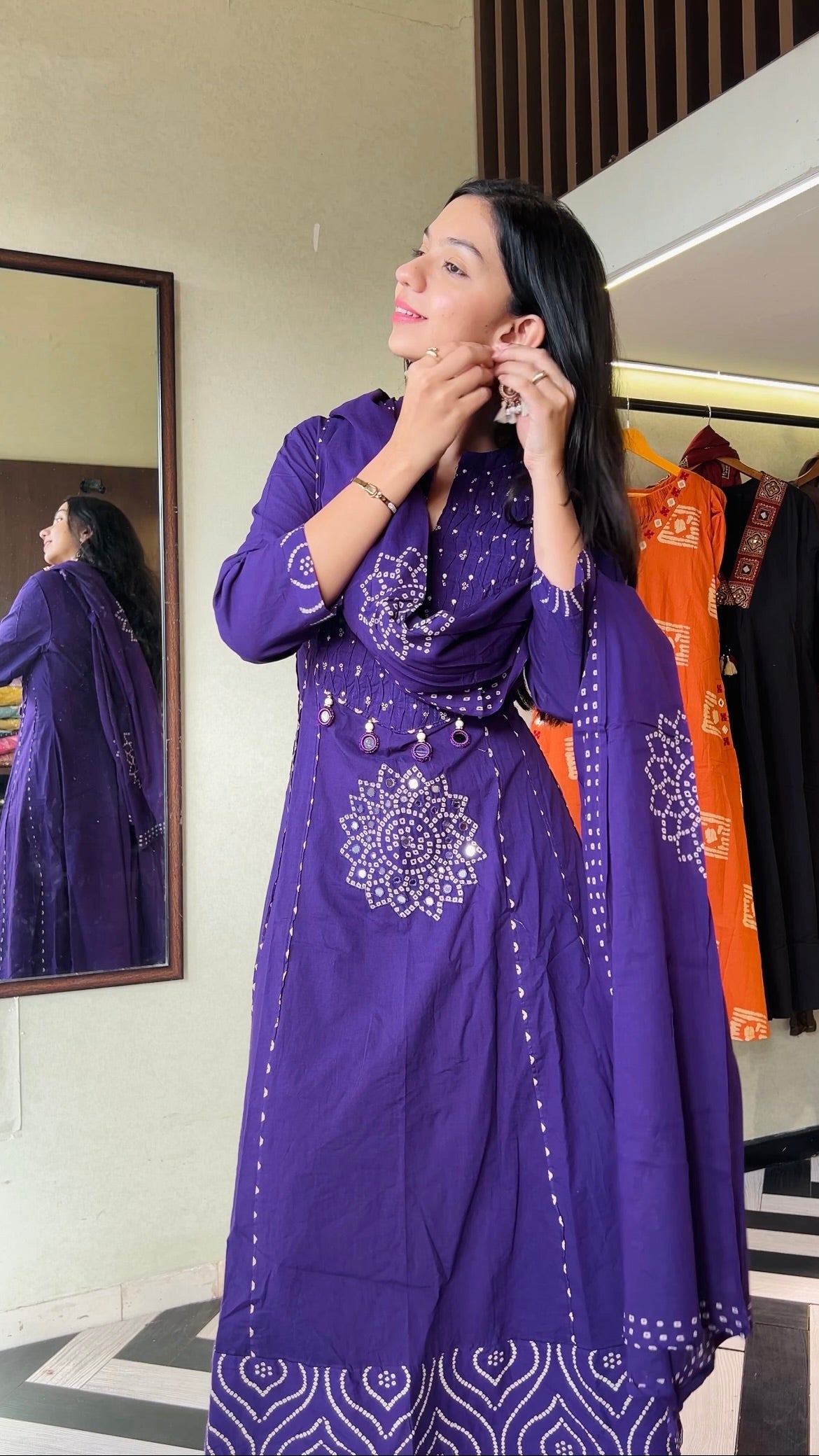 Image of Pure Mull Cotton Bandhani 3 Piece Anarkali Set