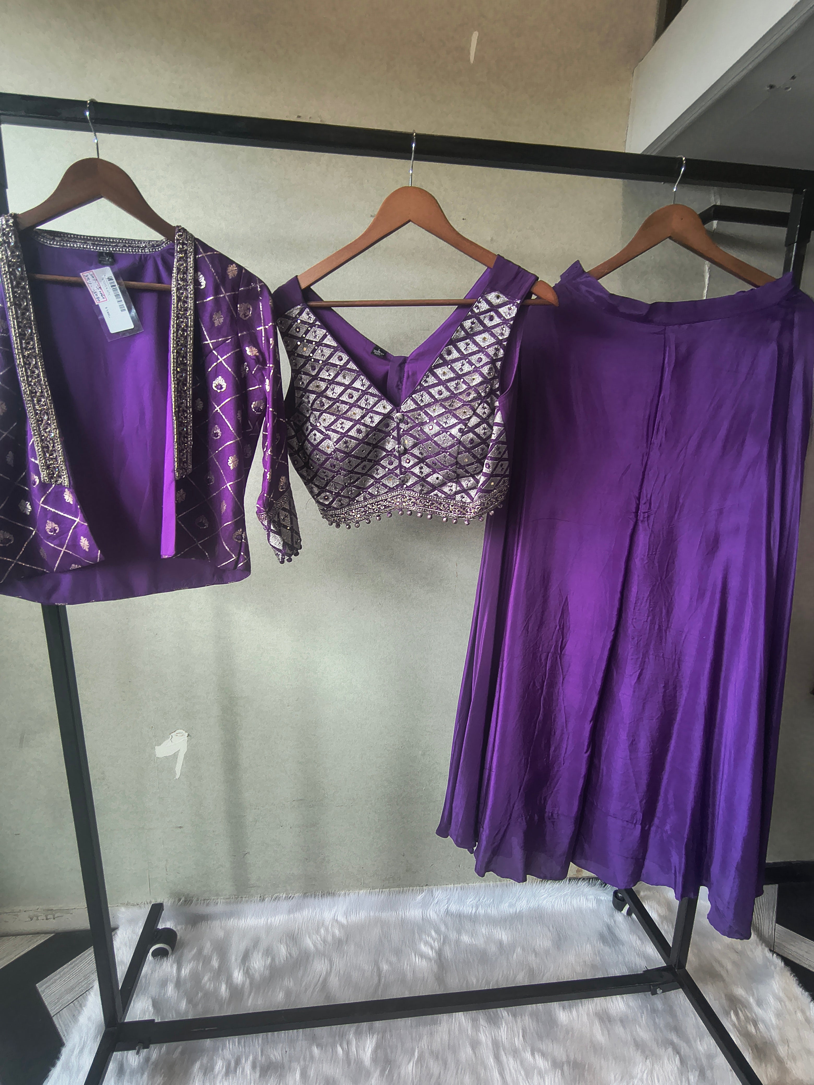 Image of Royal Purple Mirror Embellished Blouse with Printed Jacket & Flared Palazzo – 3 Piece Designer Indo-Western Set