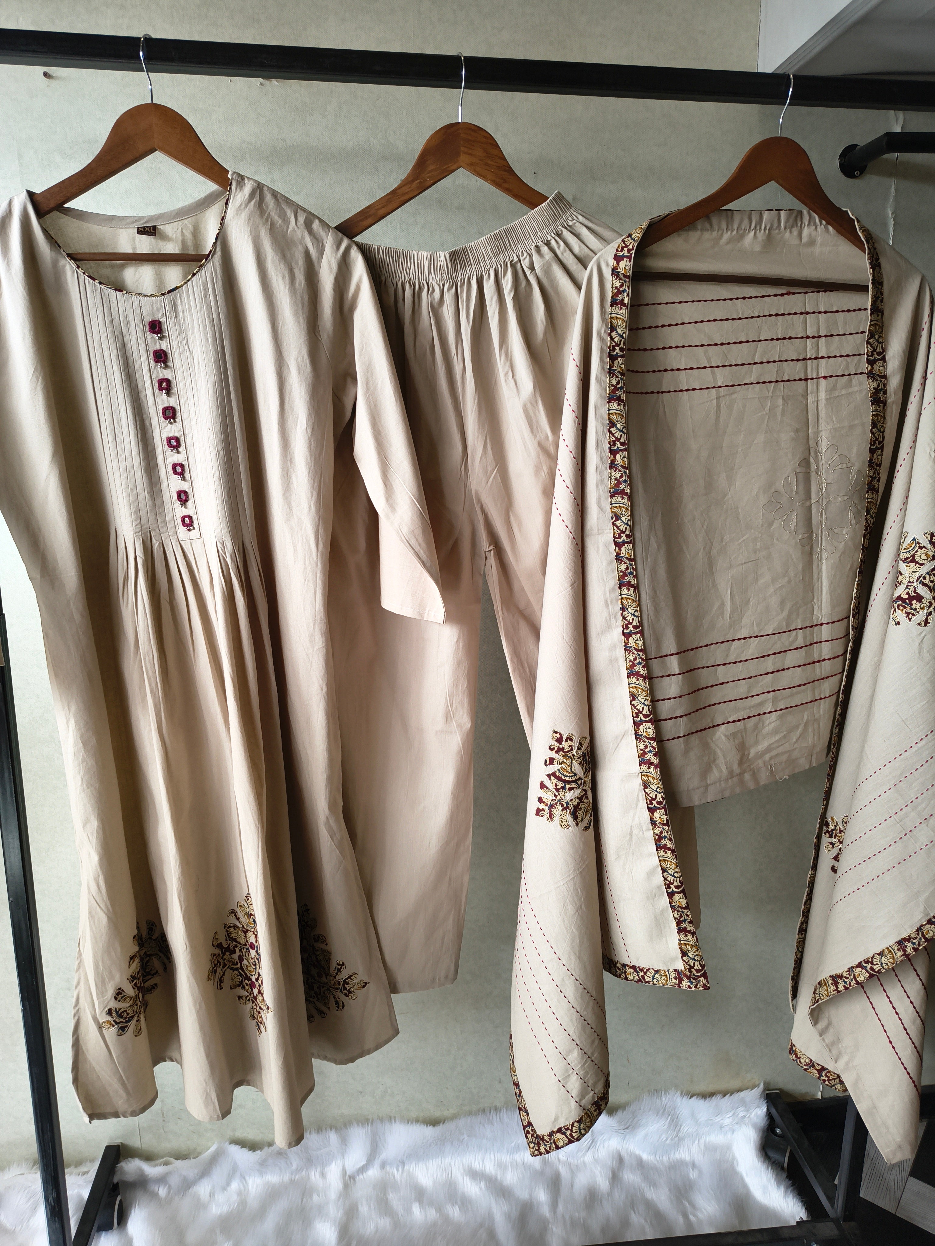 Image of Beige Embroidered Three-Piece Kurta Set with Pintuck Detailing & Designer Dupatta