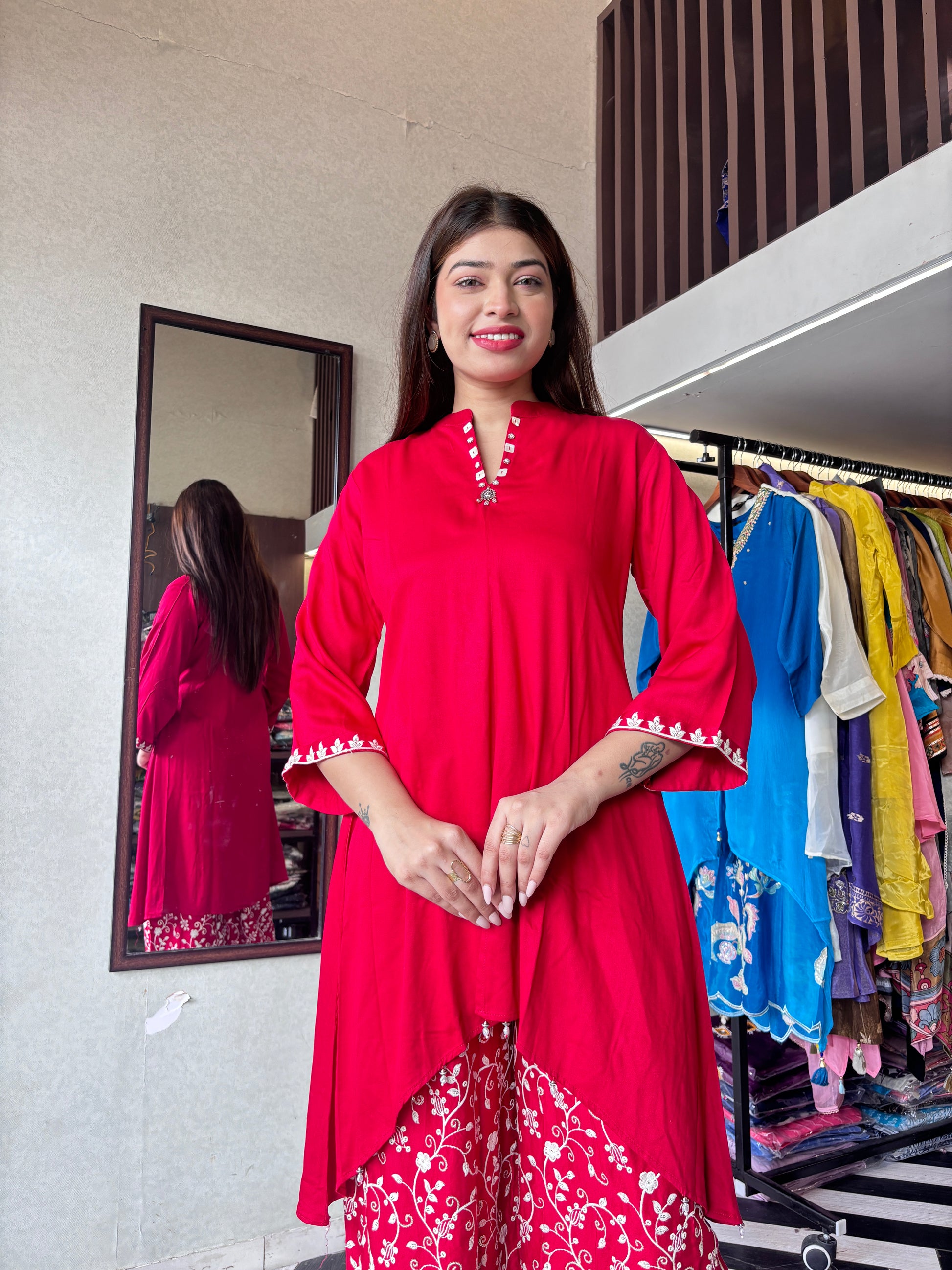 Pure Gaji Silk with Crepe Fabric Coord Set ( Thread Work )