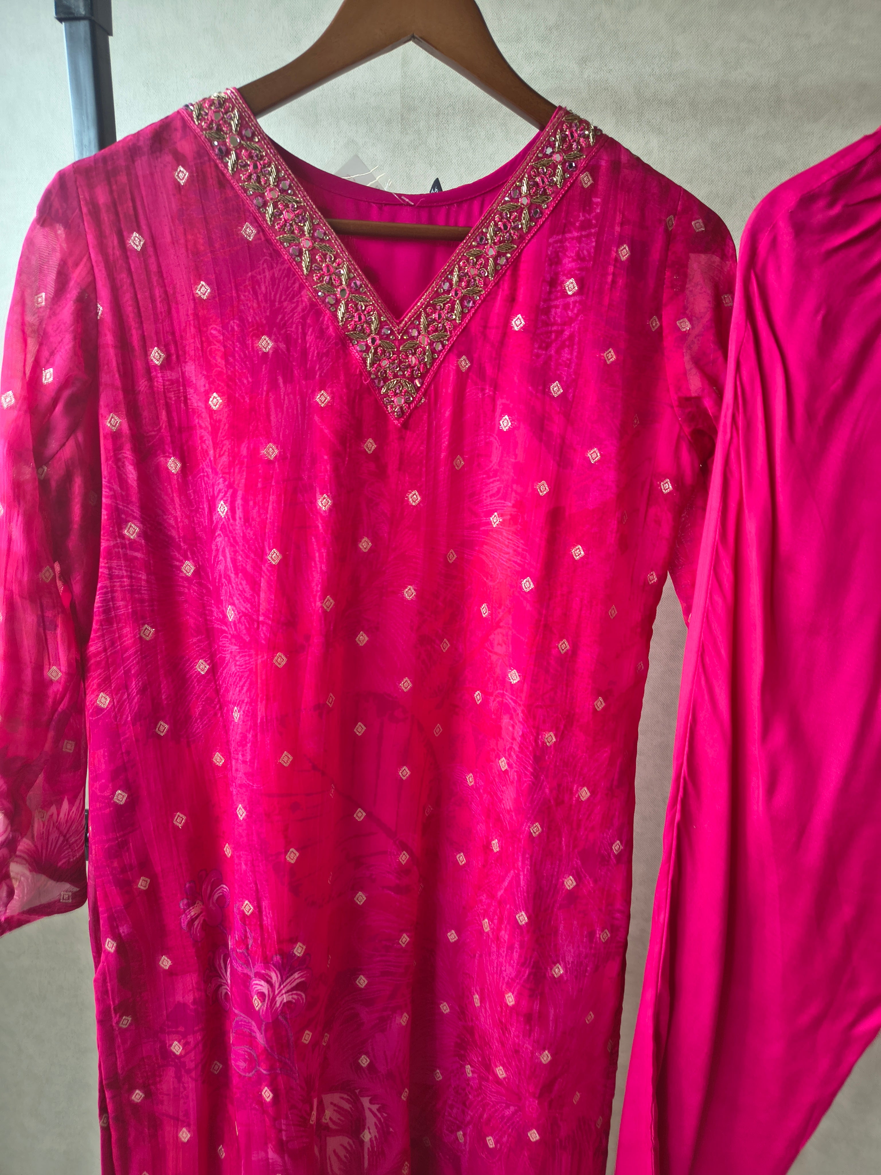 Image of Premium Fuchsia Floral Printed Straight Kurta with Cigarette Pants & Dupatta Set