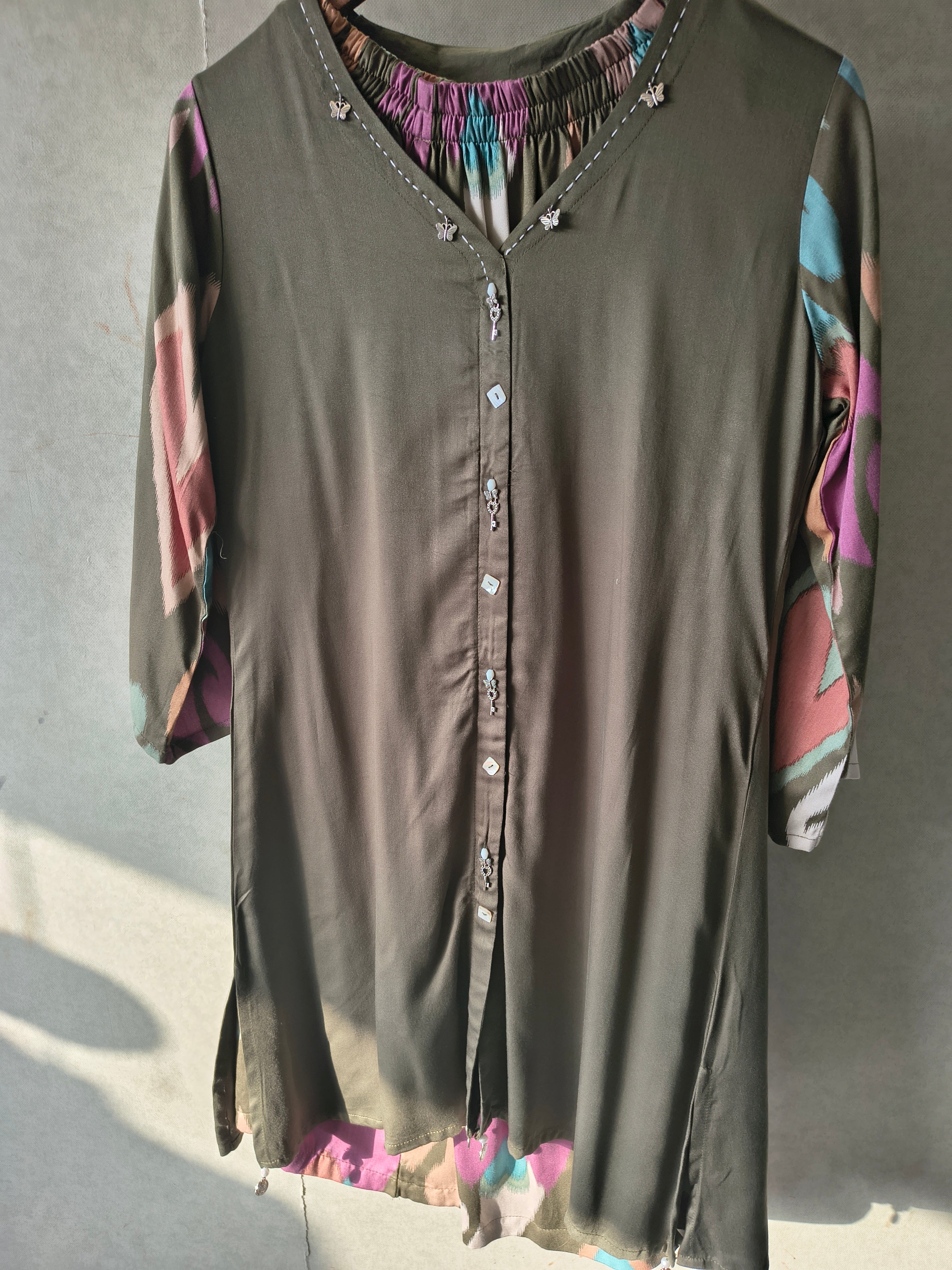 Image of Olive Green Designer Co-Ord Set with Abstract Printed Pants & Embellished Neckline
