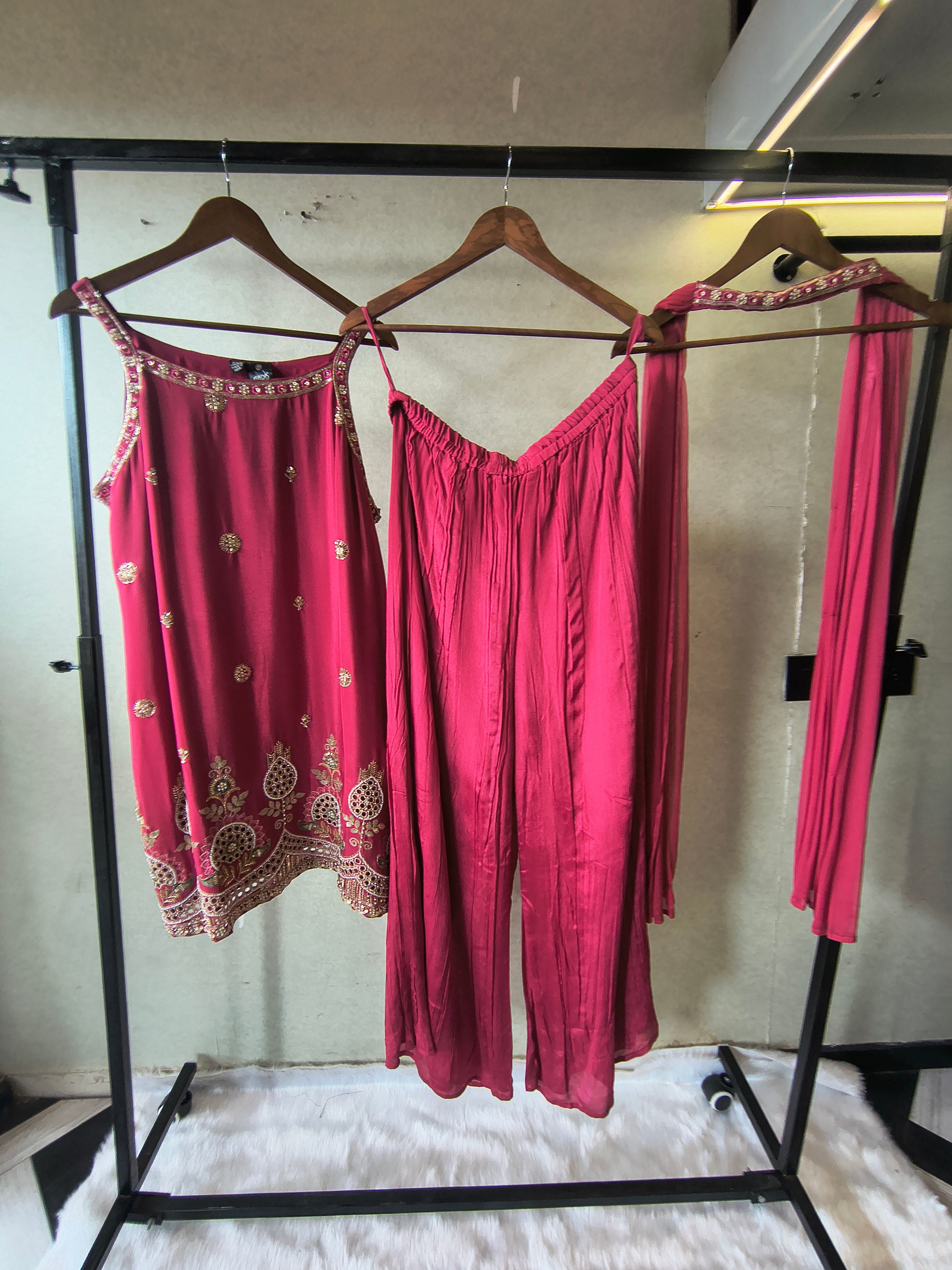 Image of Rani Pink Hand Embroidered Kurta Set with Designer Palazzo & Embellished Dupatta – Premium 3 Piece Festive Ensemble