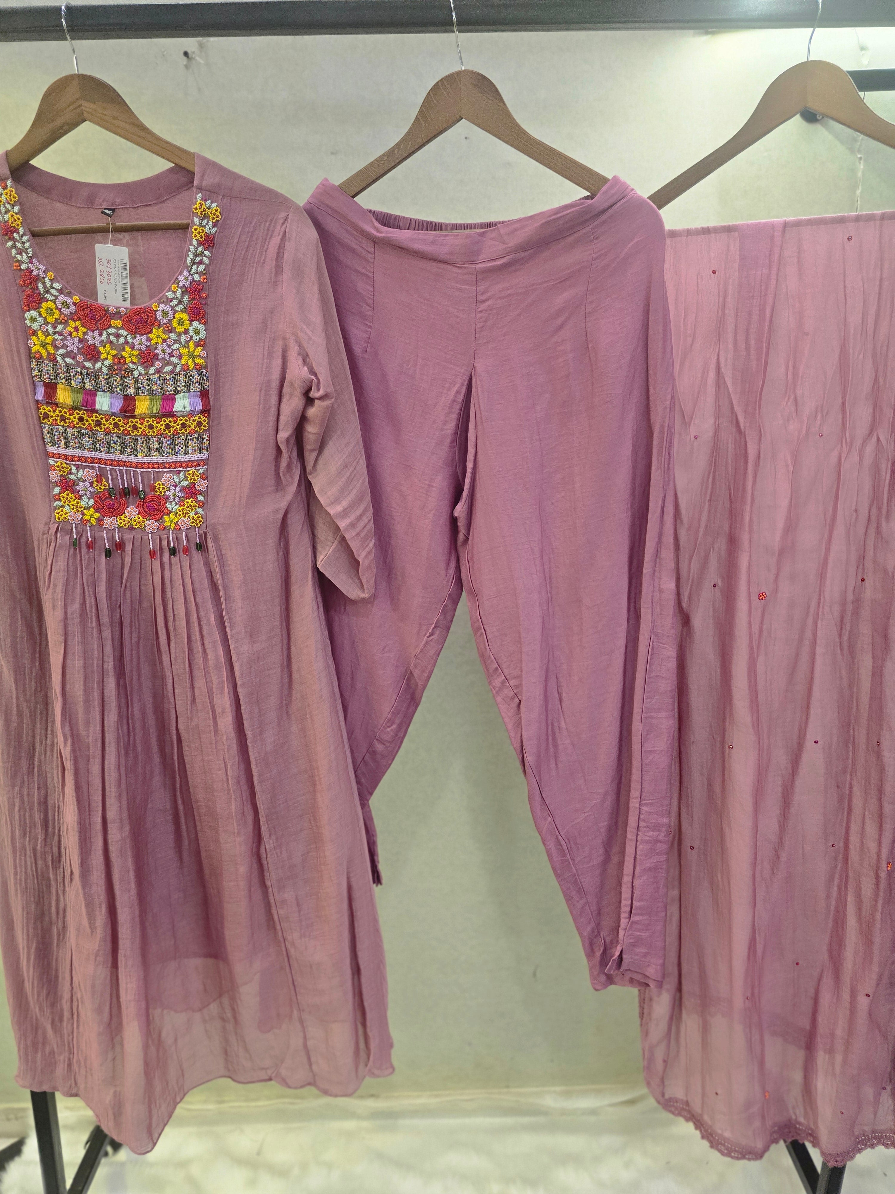 Image of Dusty Mauve Embroidered Yoke Kurta Set with Chiffon Dupatta | Premium 3 Piece Ethnic Suit