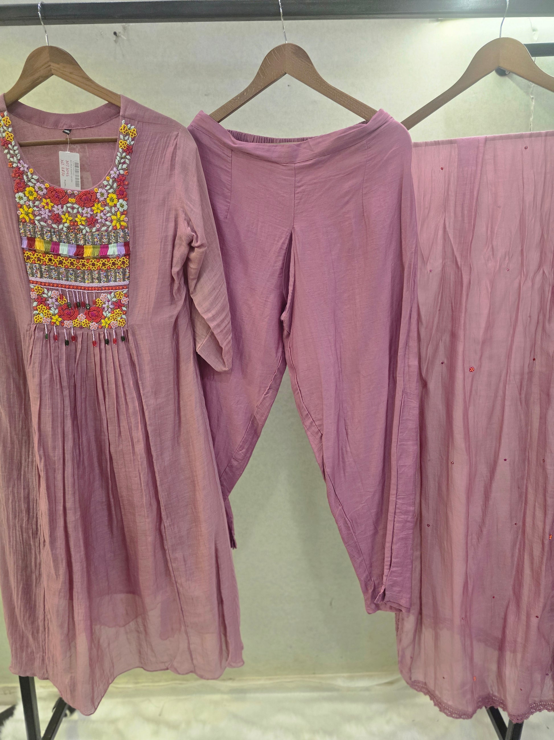 Dusty Mauve Embroidered Yoke Kurta Set with Chiffon Dupatta | Premium 3 Piece Ethnic Suit