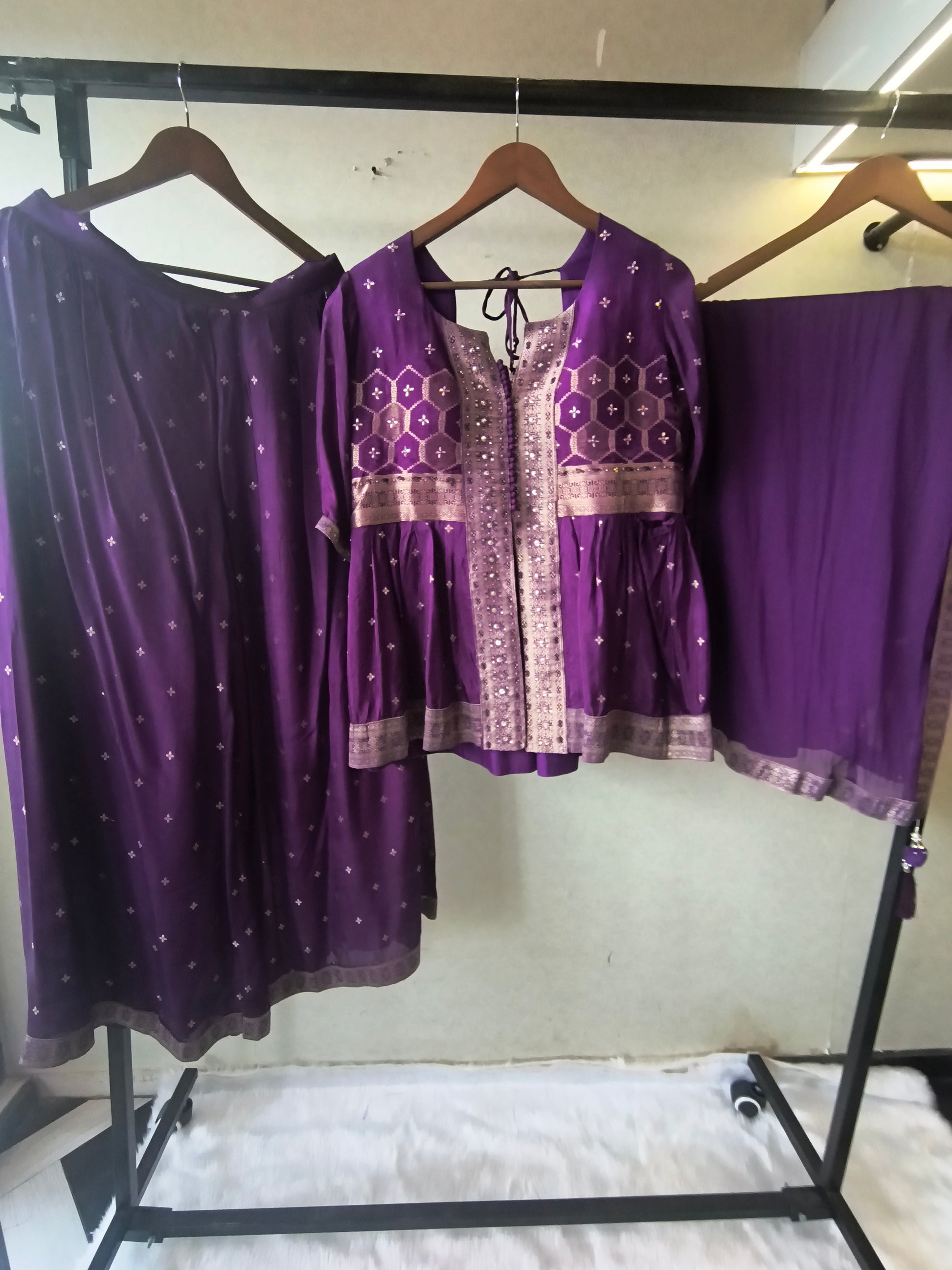 Royal Purple Tissue Silk Embroidered Peplum Jacket with Flared Palazzo & Designer Dupatta – 3 Piece Festive Indo-Western Set