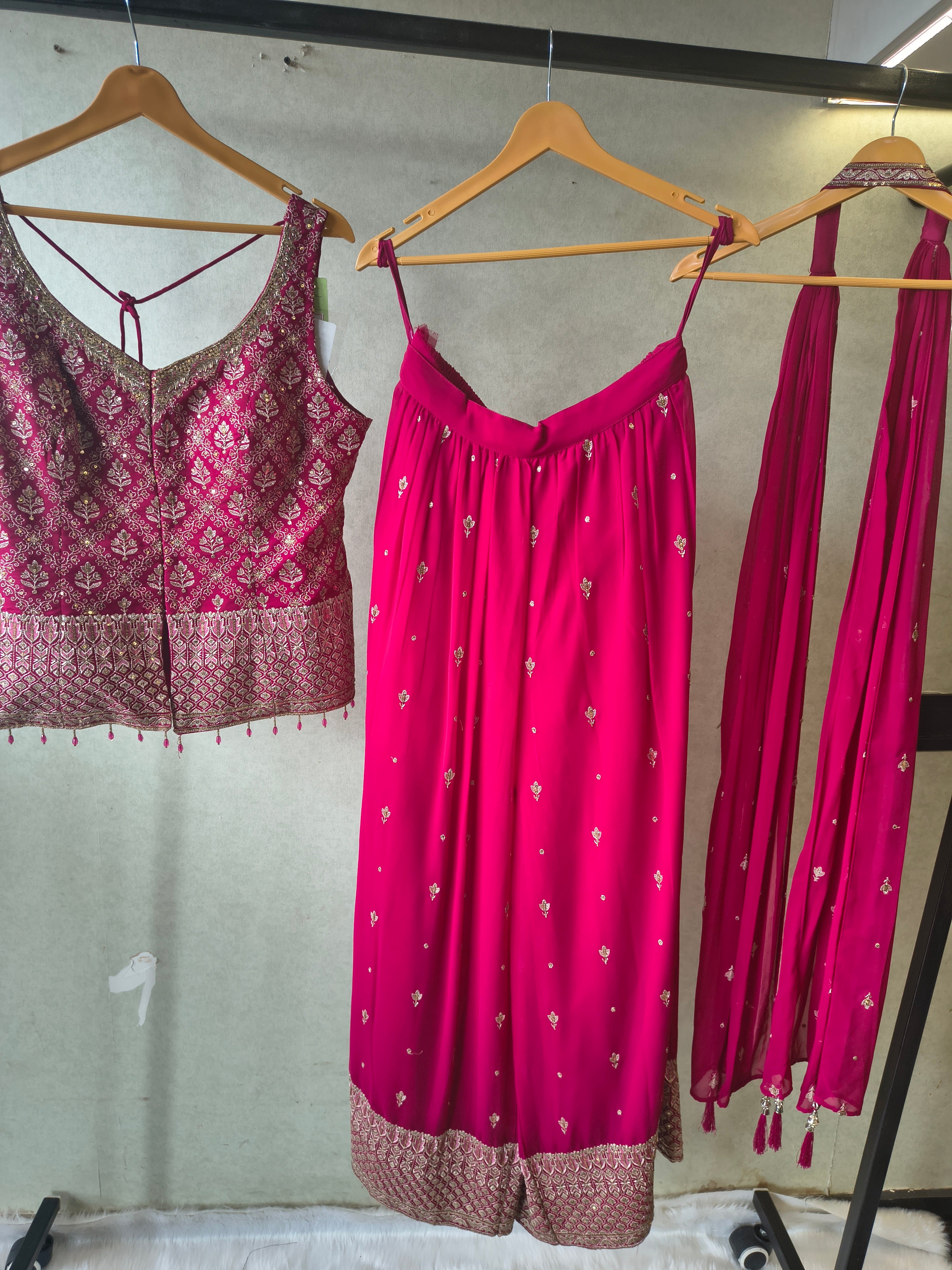 Image of Rani Pink Zari Woven Blouse with Flared Palazzo & Embellished Dupatta – Designer 3 Piece Festive Set