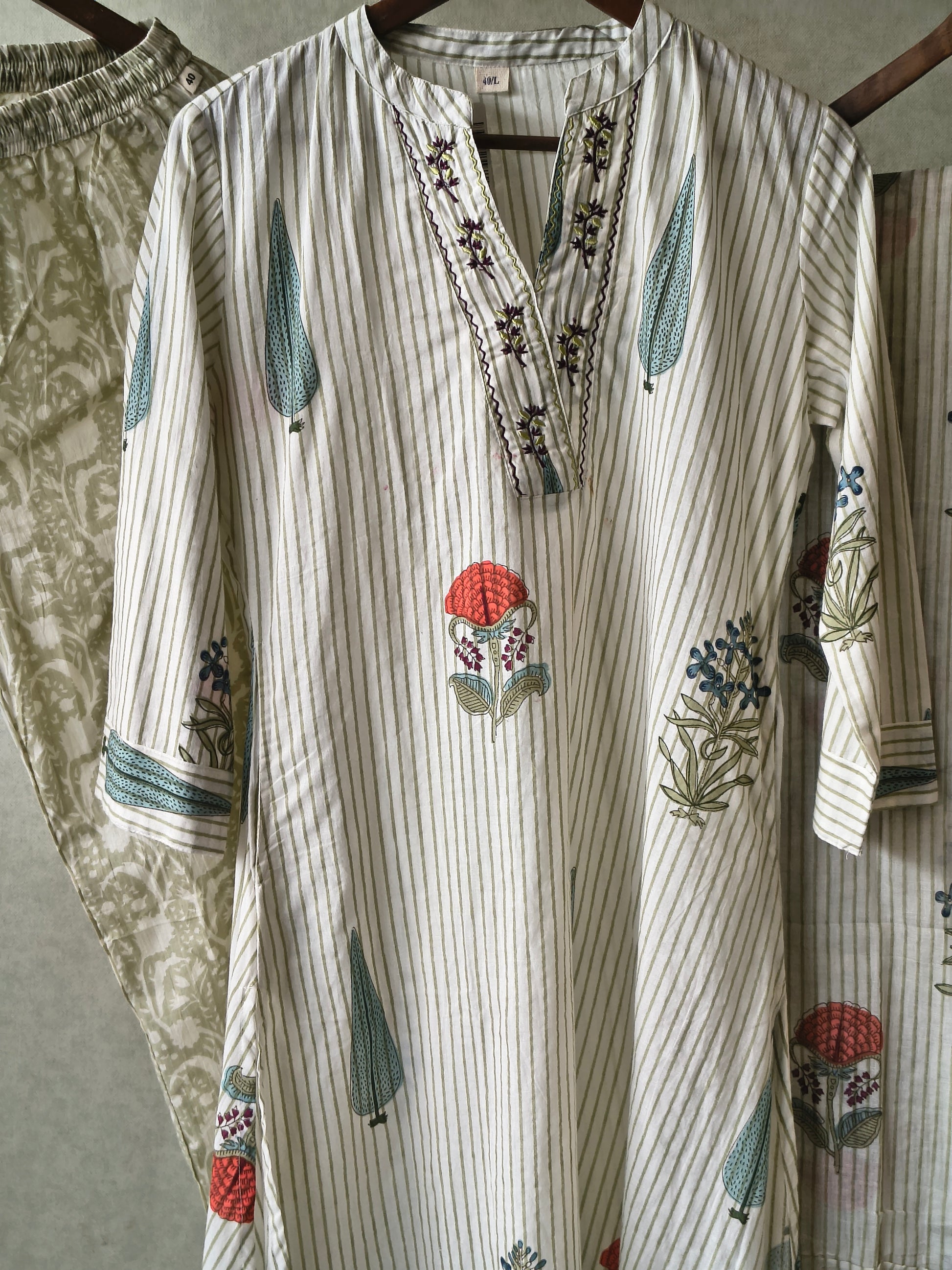 Premium Ivory Handblock Printed Cotton Straight Kurta Set with Printed Pants & Dupatta