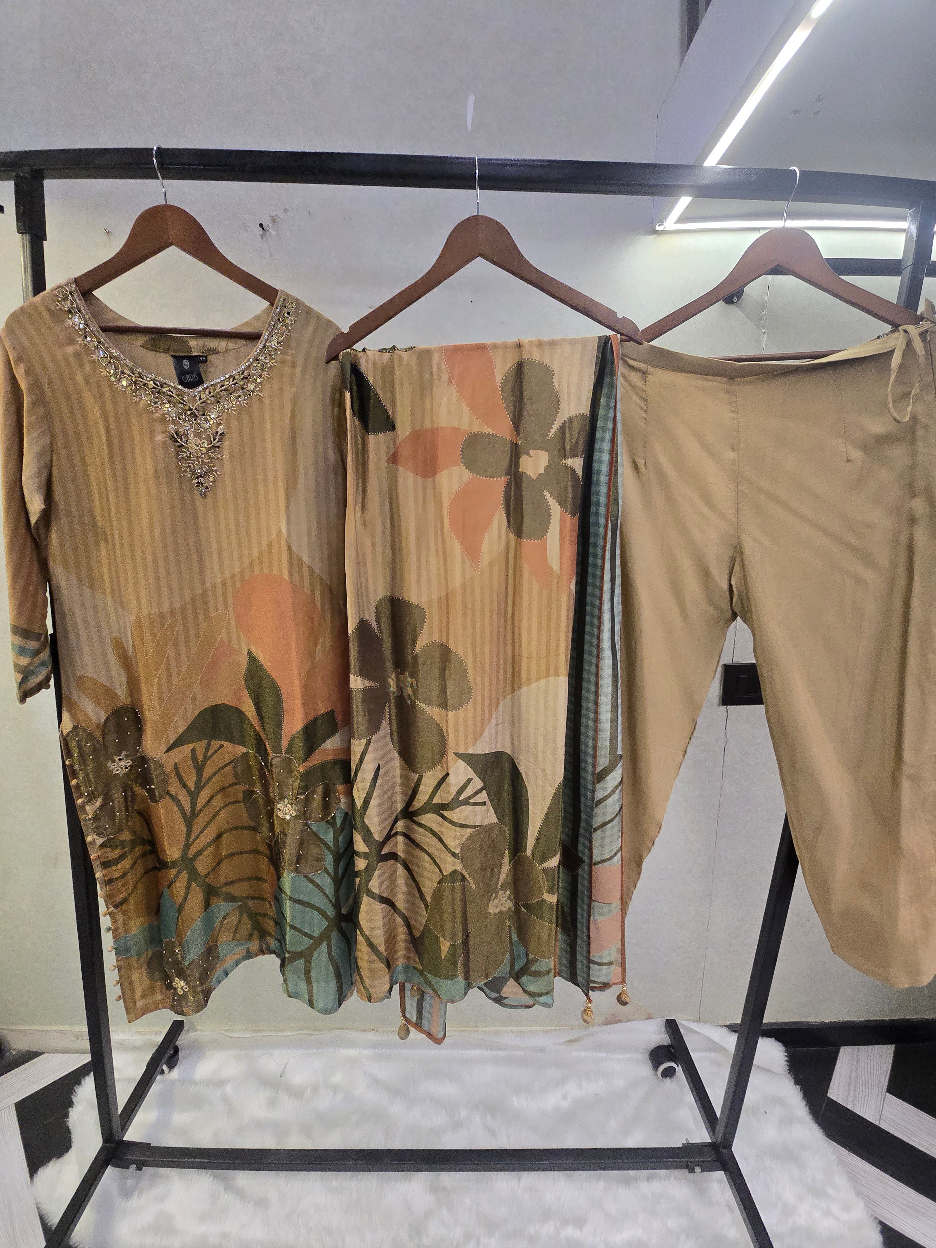 Image of Beige Floral Printed Designer Kurta Set with Embellished Neckline & Printed Dupatta | Premium 3 Piece Ethnic Ensemble