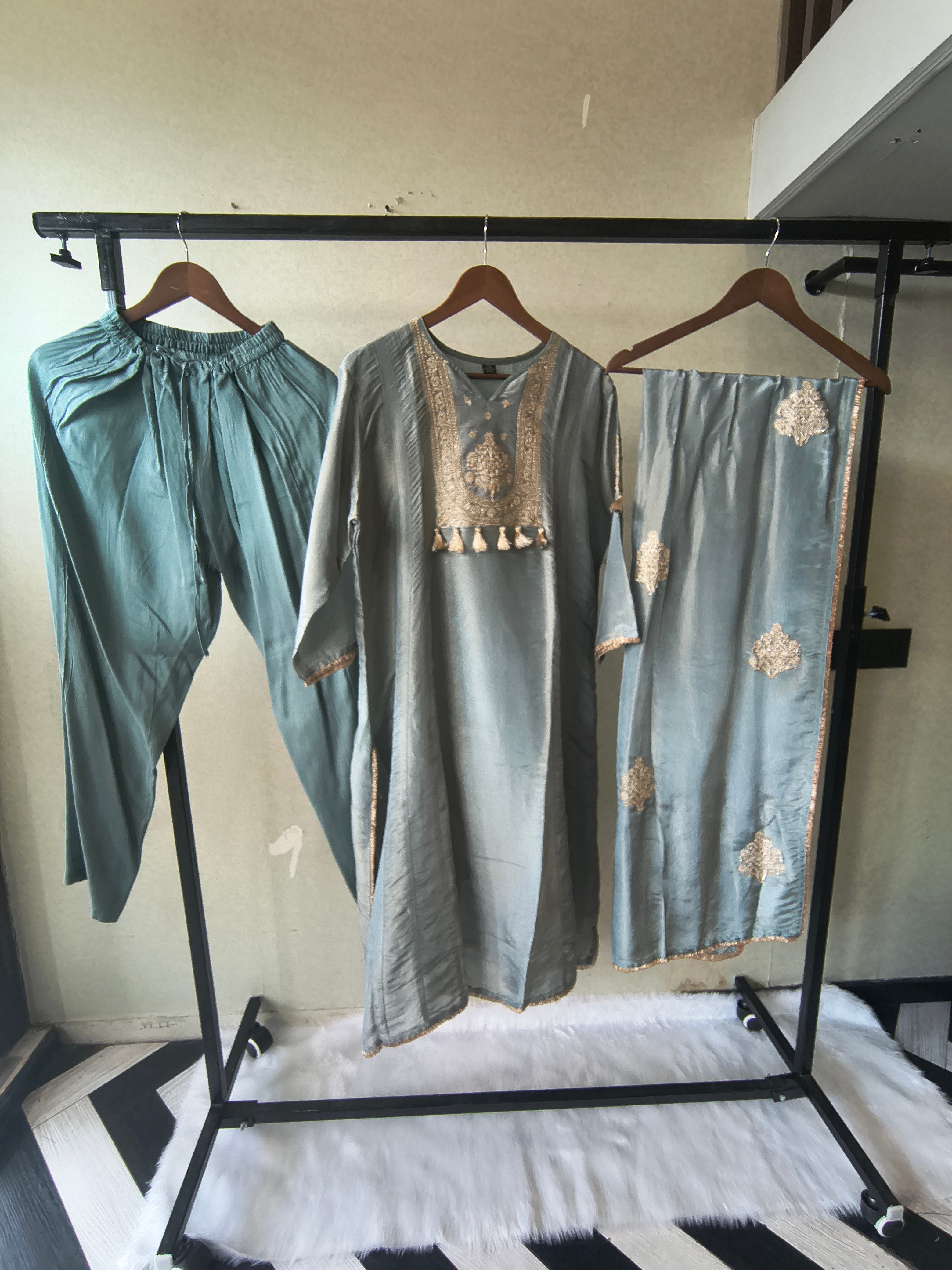 Image of Premium Sage Blue Embroidered A-Line Kurta Set with Dupatta