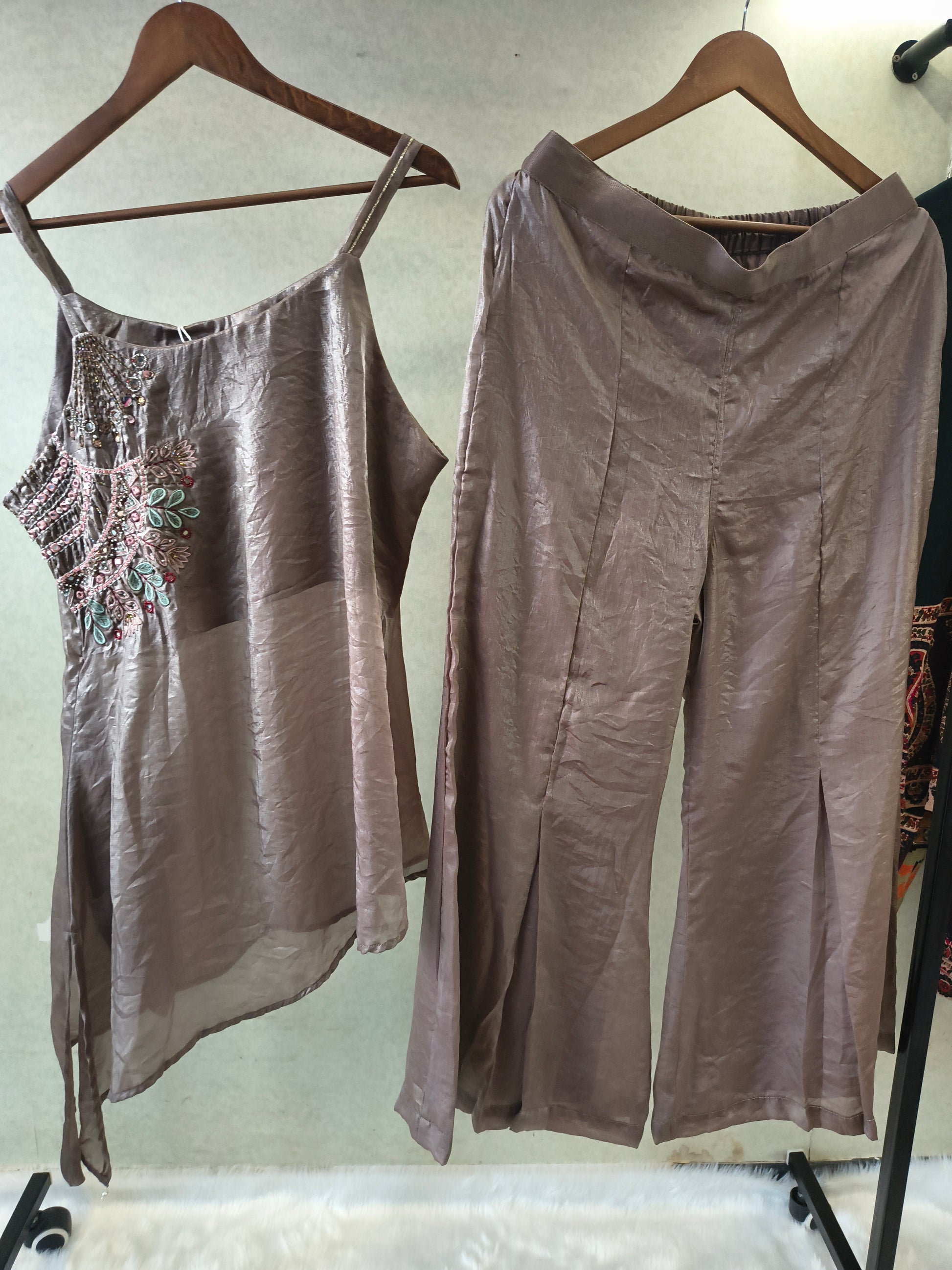 Steel Grey Asymmetrical Embroidered Indo-Western Kurta Set with Straight Pants & Dupatta – 3 Piece Designer Co-Ord Set