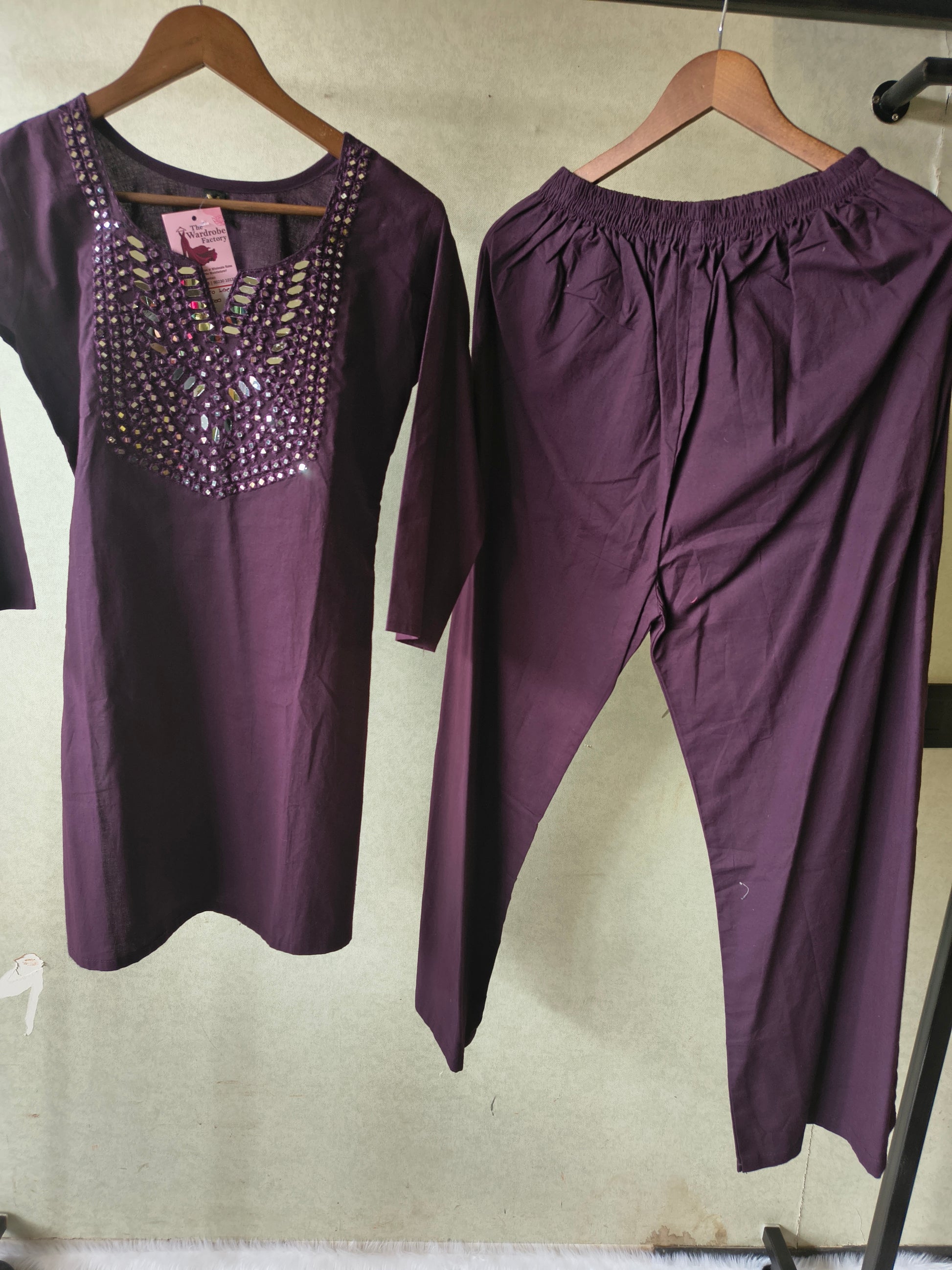 Premium Deep Wine Straight Kurta Set with Mirror Embellished Yoke & Solid Palazzo Pants