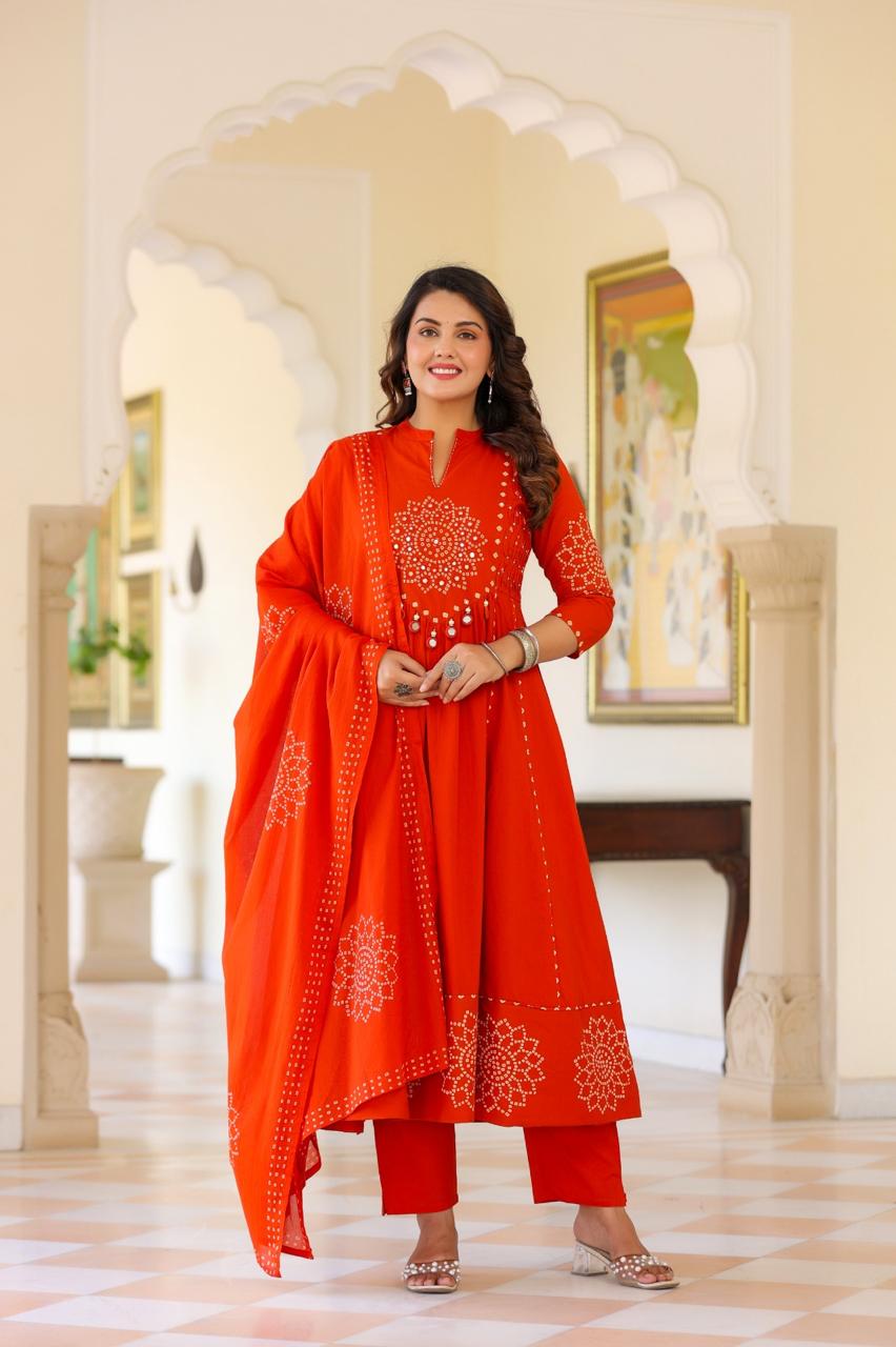 Pure Mull Cotton Bandhani 3 Piece Anarkali Set