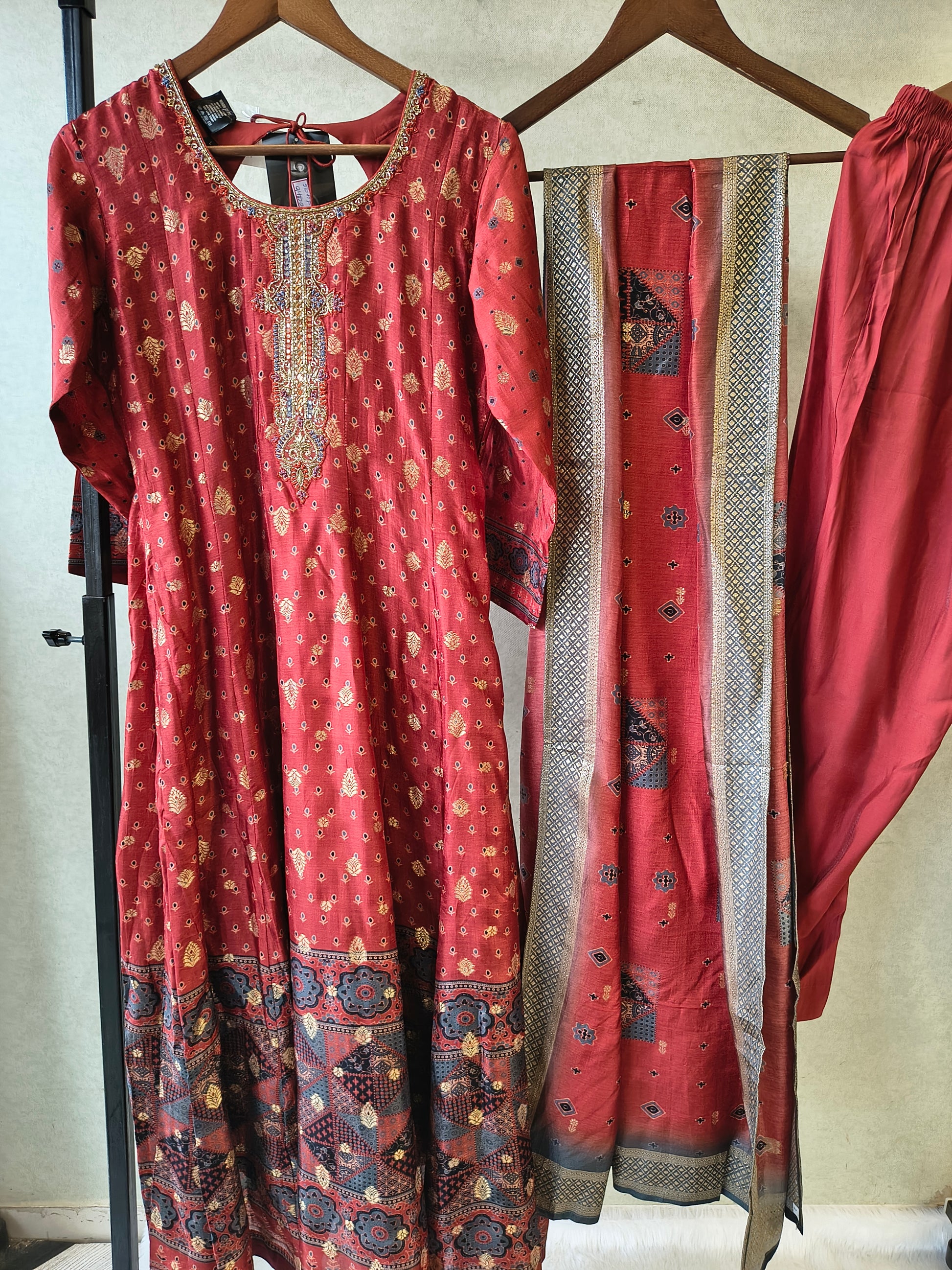 Rust Maroon Ethnic Printed Designer Kurta Set with Woven Dupatta | Premium 3 Piece Festive Suit