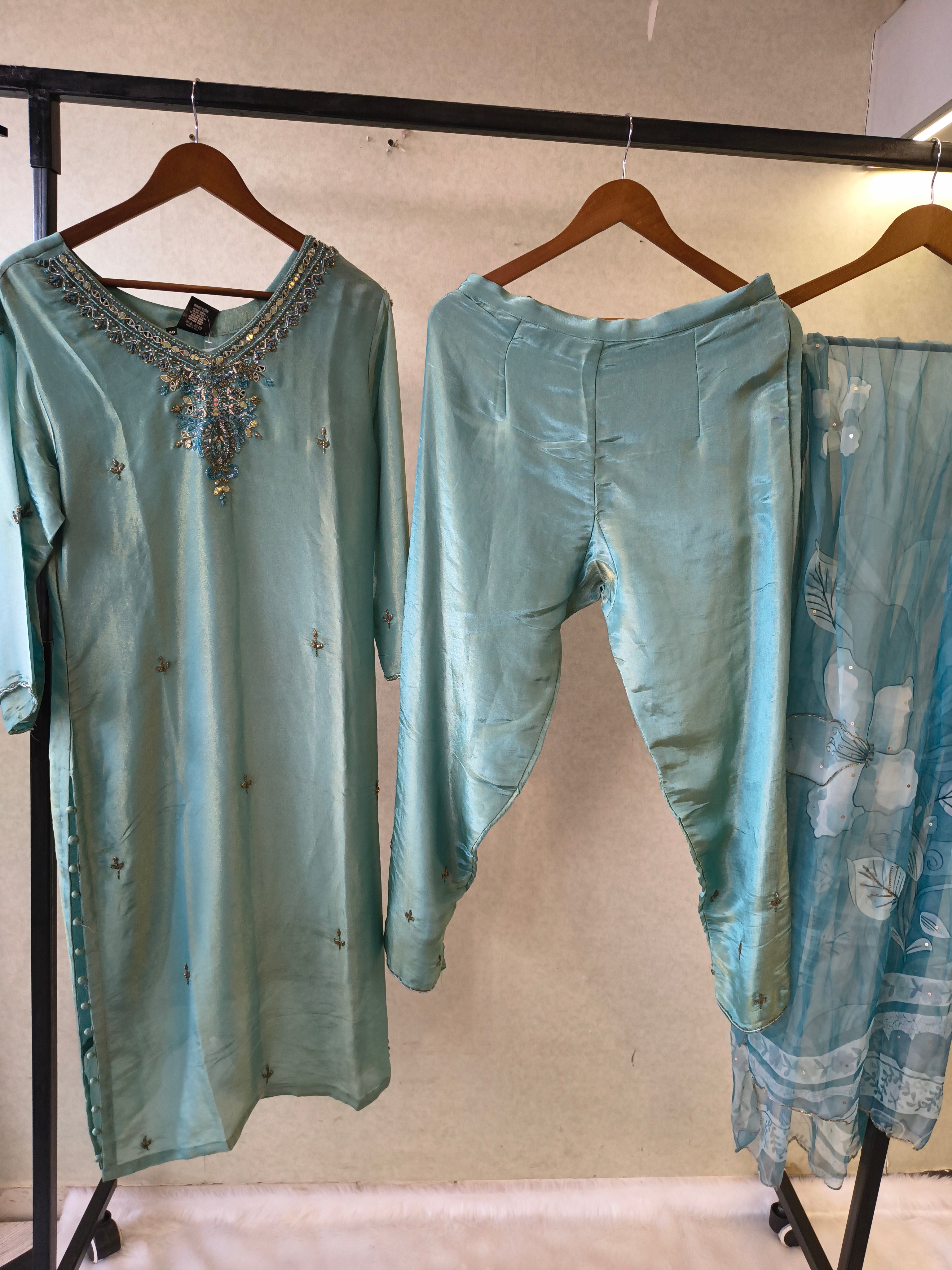 Image of Ice Blue Hand-Embroidered Designer Kurta Set with Floral Organza Dupatta | Premium 3 Piece Ethnic Suit
