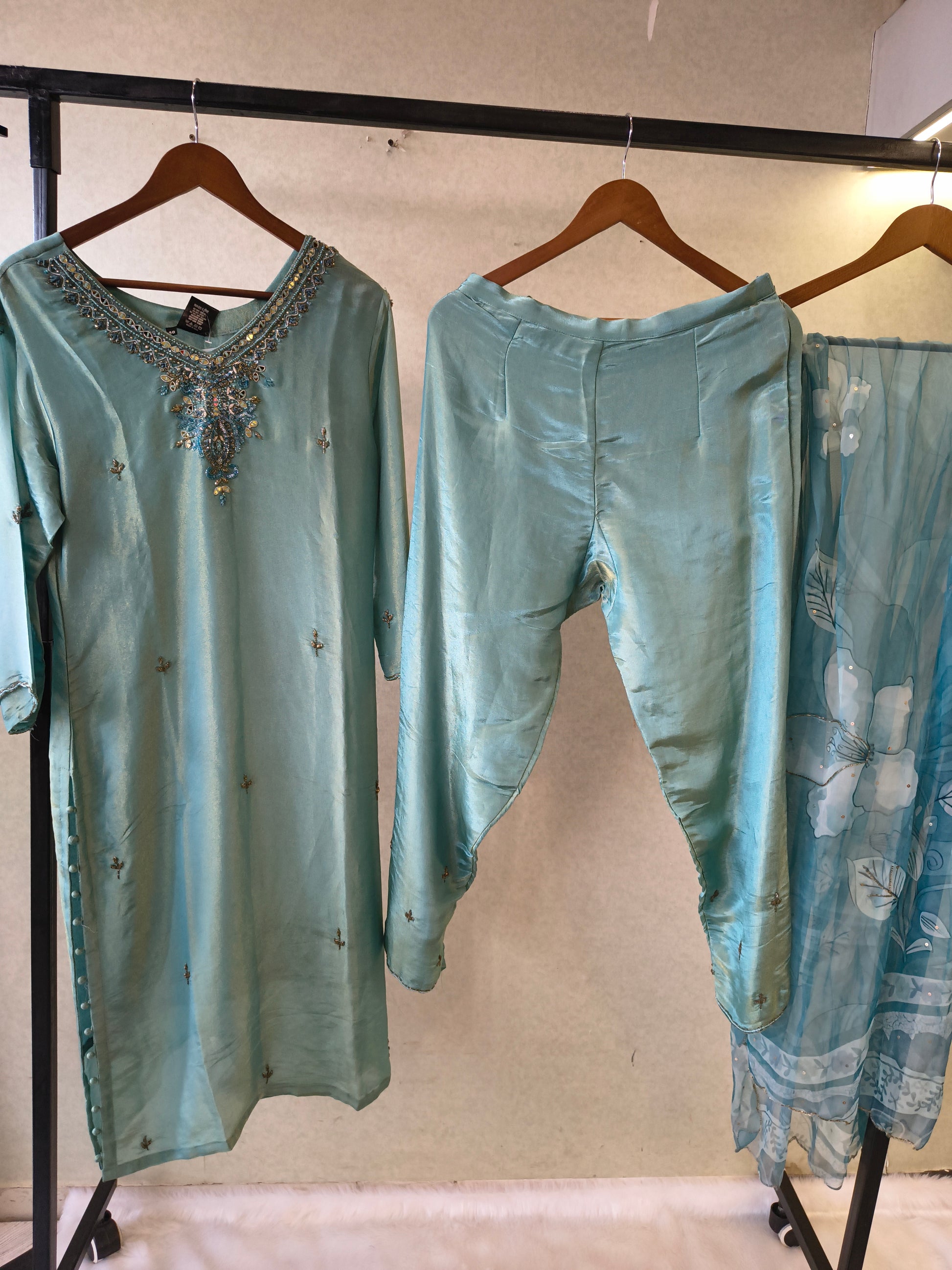 Ice Blue Hand-Embroidered Designer Kurta Set with Floral Organza Dupatta | Premium 3 Piece Ethnic Suit