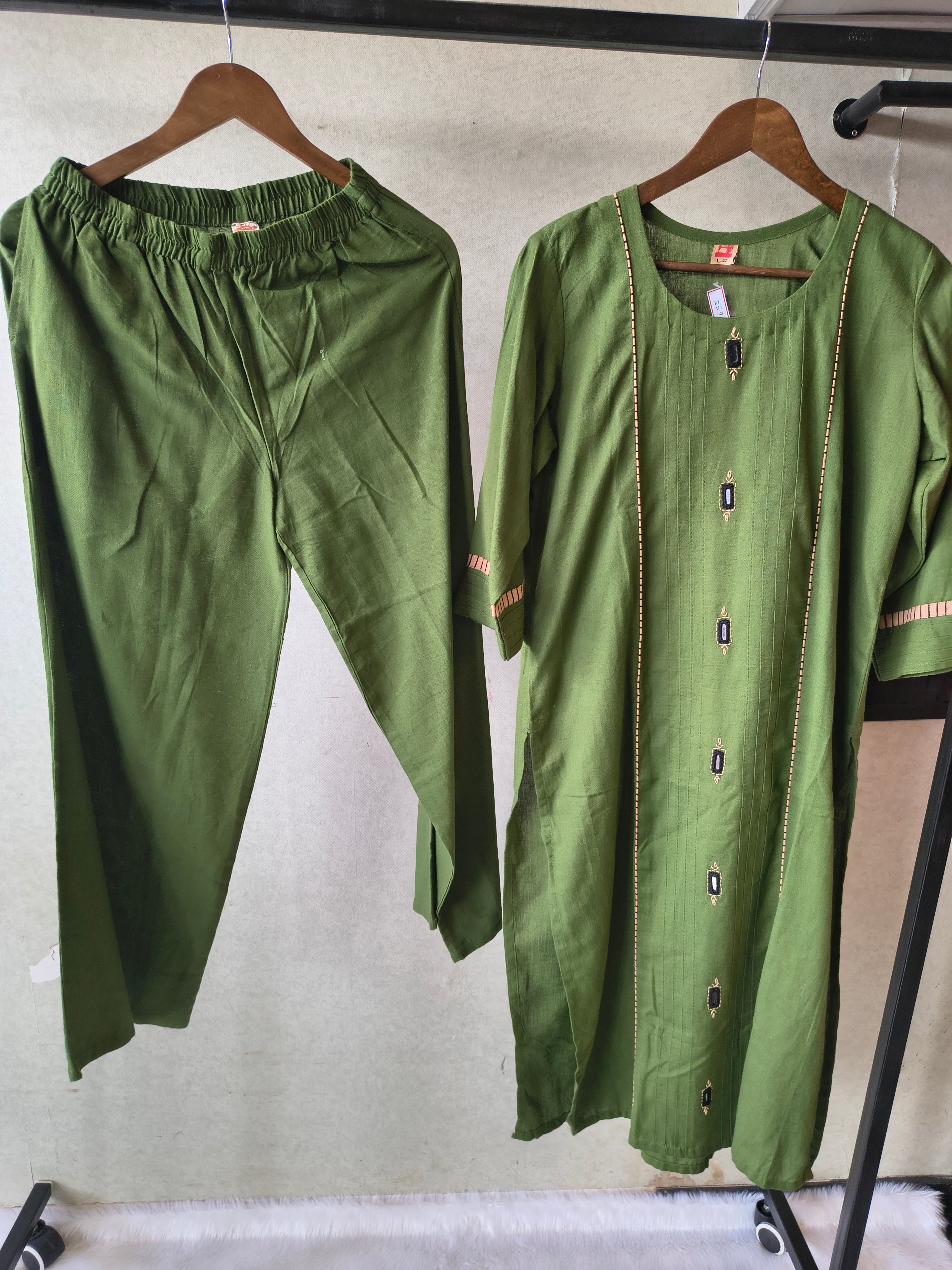 Image of Tadko Premium Olive Green Straight Kurta Co-Ord Set with Embellished Yoke