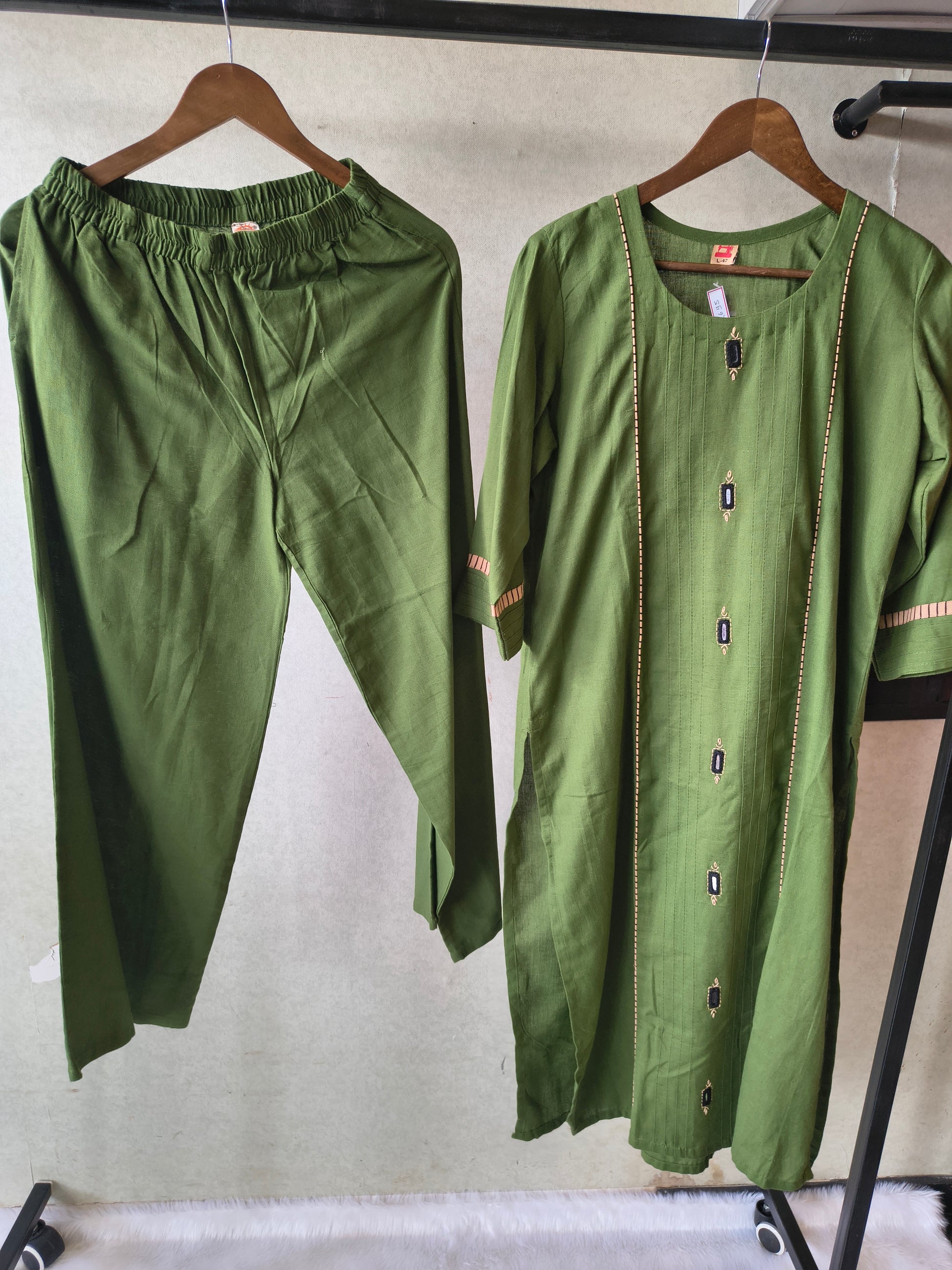 Tadko Premium Olive Green Straight Kurta Co-Ord Set with Embellished Yoke
