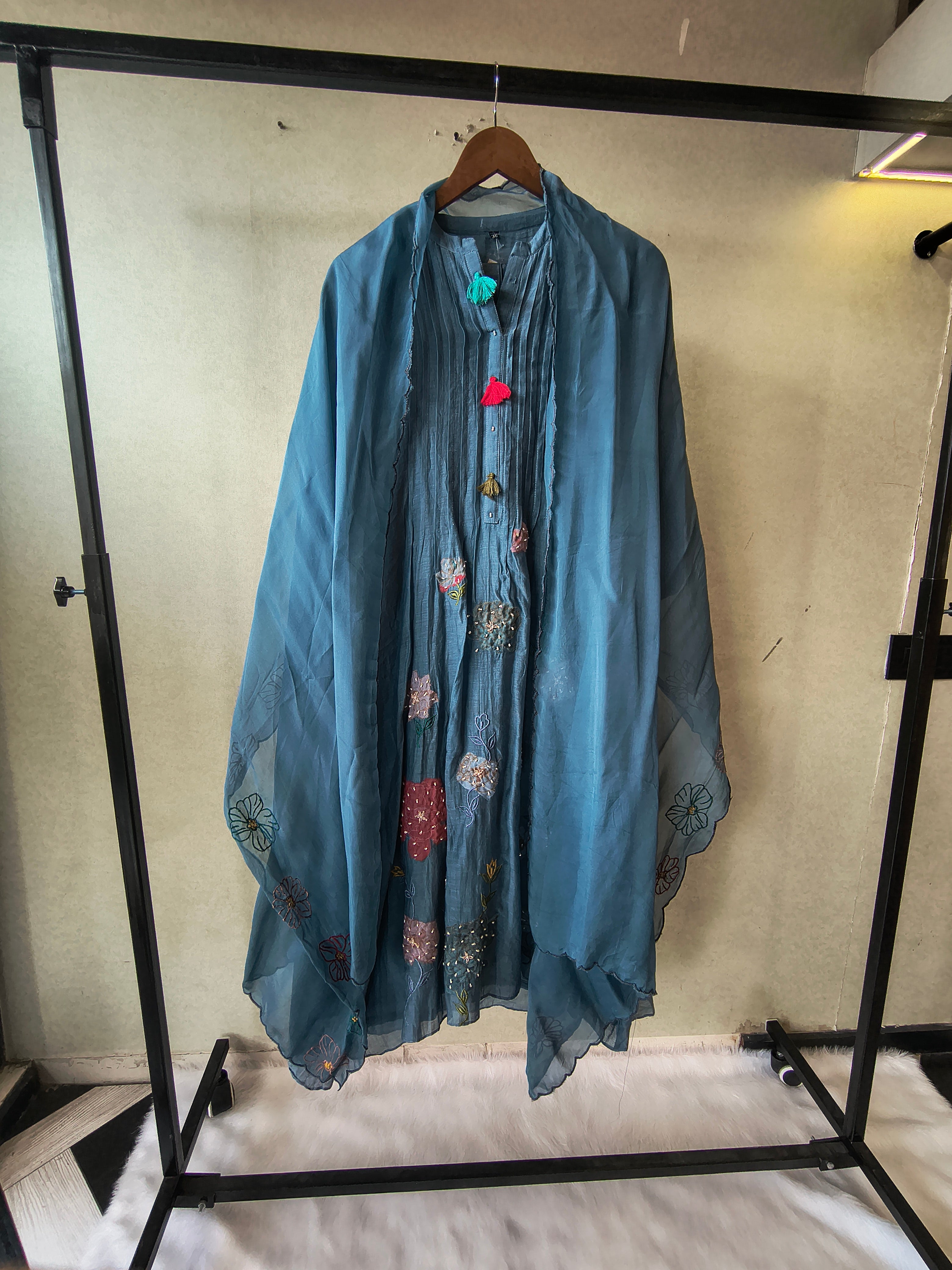 Image of Premium Steel Blue Embroidered Straight Kurta with Dhoti Pants & Embroidered Organza Dupatta Set
