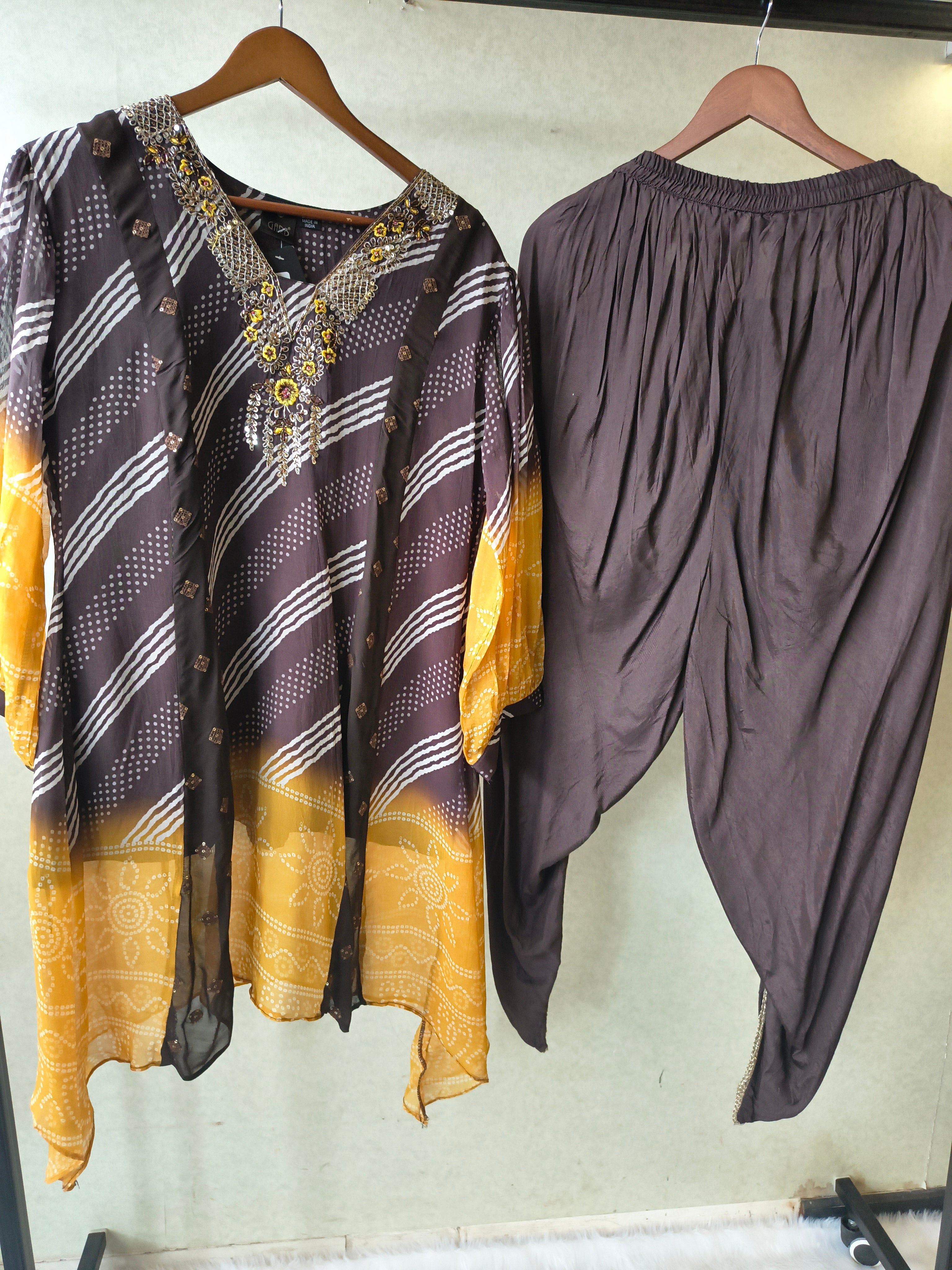 Image of Premium Charcoal & Mustard Bandhani Print Kaftan Kurta with Dhoti Pants Set
