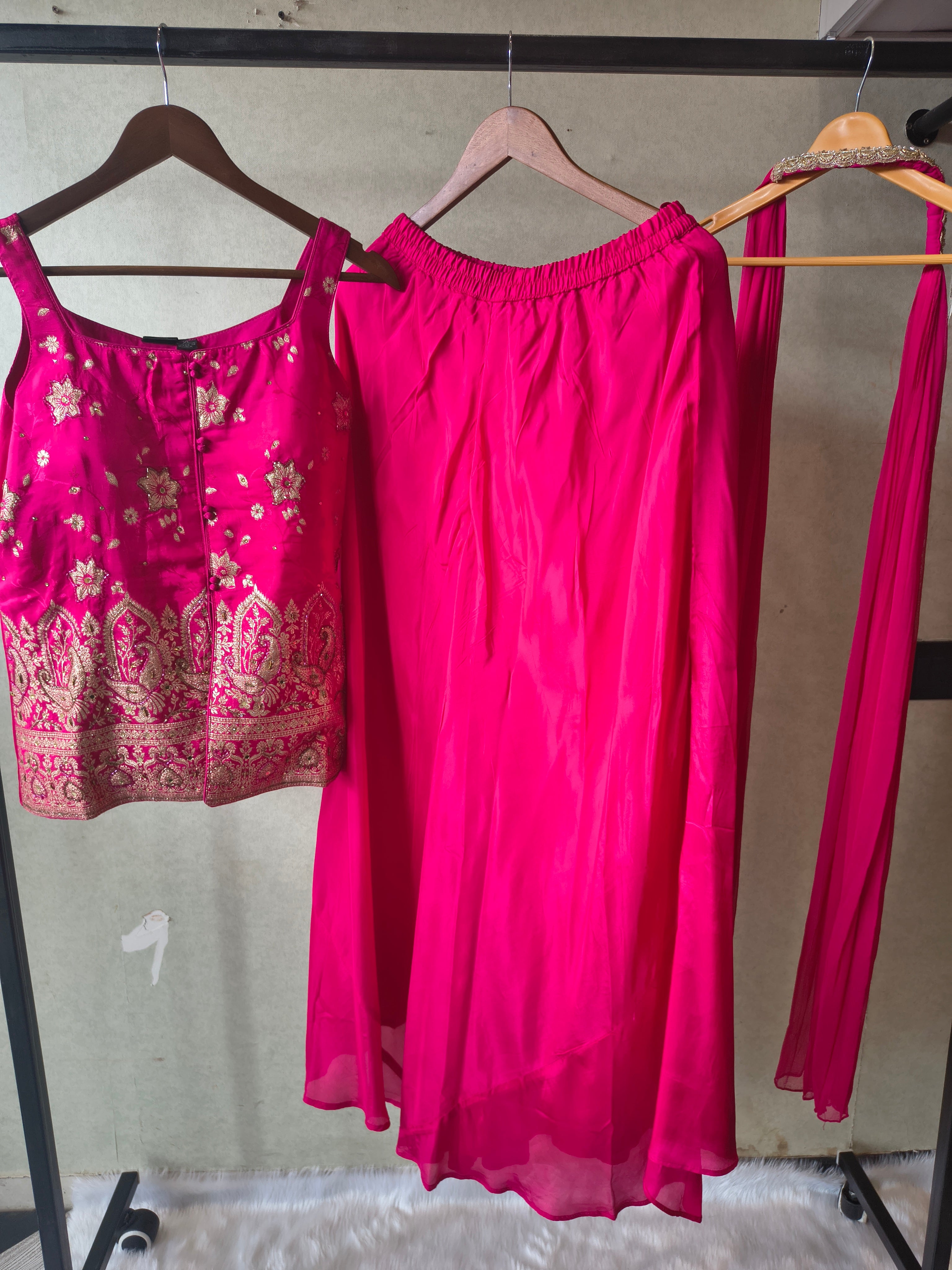 Image of Premium Rani Pink Satin Silk 3-Piece Lehenga Set with Heavy Zari Embroidered Blouse & Dupatta
