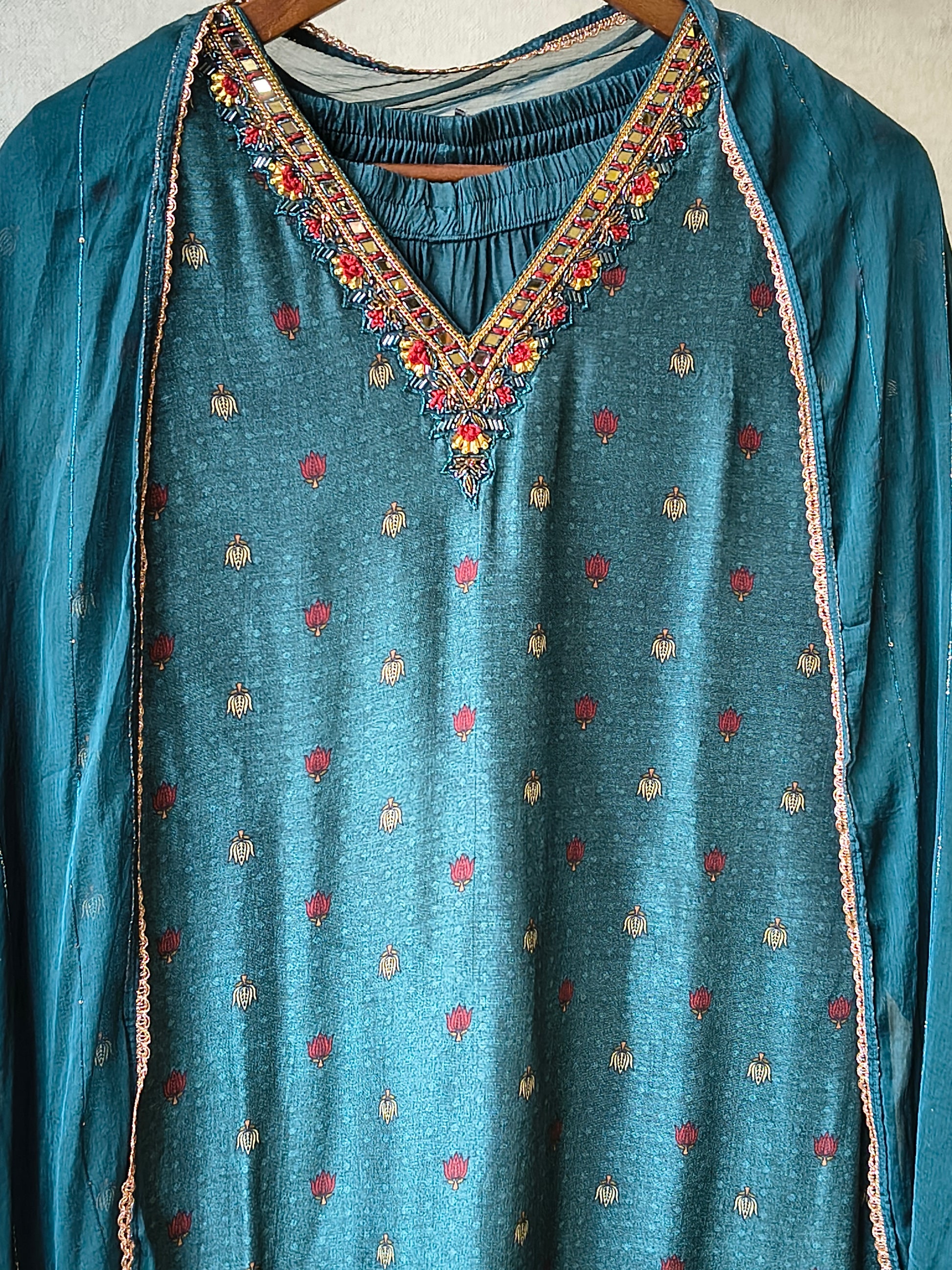 Premium Teal Printed Straight Kurta with Palazzo & Dupatta Set
